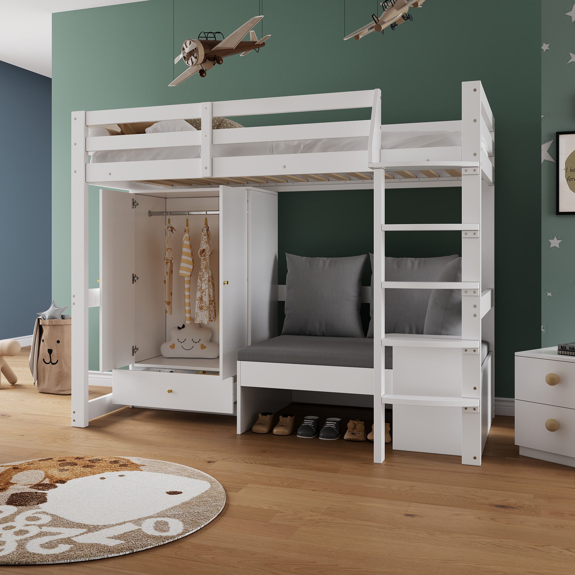 REDOM Hochbett Sofafunktion und integriertem Stauraum (Massivholzbett, Einz günstig online kaufen