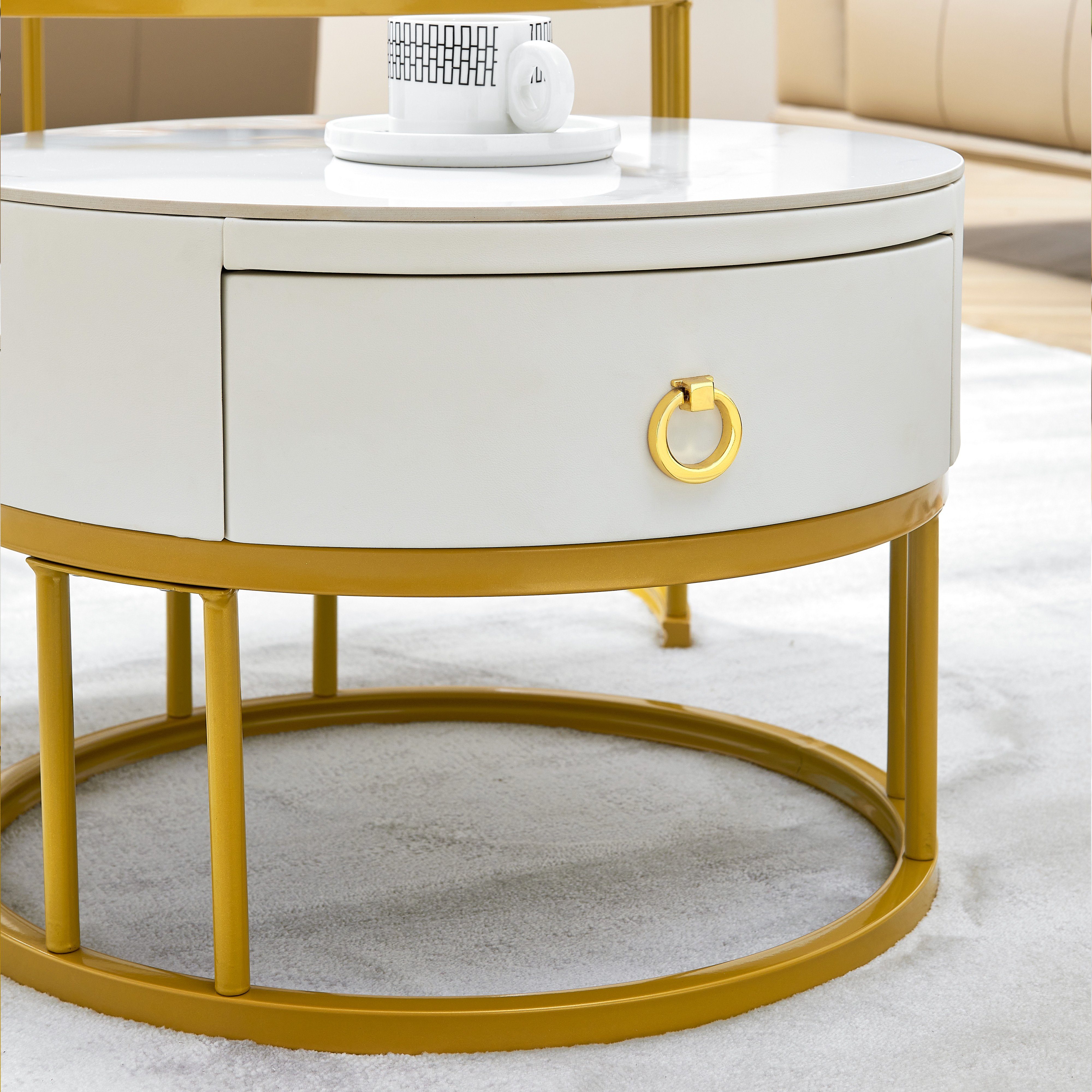 WISHDOR Couchtisch Kaffeetisch Wohnzimmertisch Satztisch (2-teiliges Schublade Set, mit goldfarben Lötstellenstruktur) Keine Schiefer-Tischplatte, Beistelltisch
