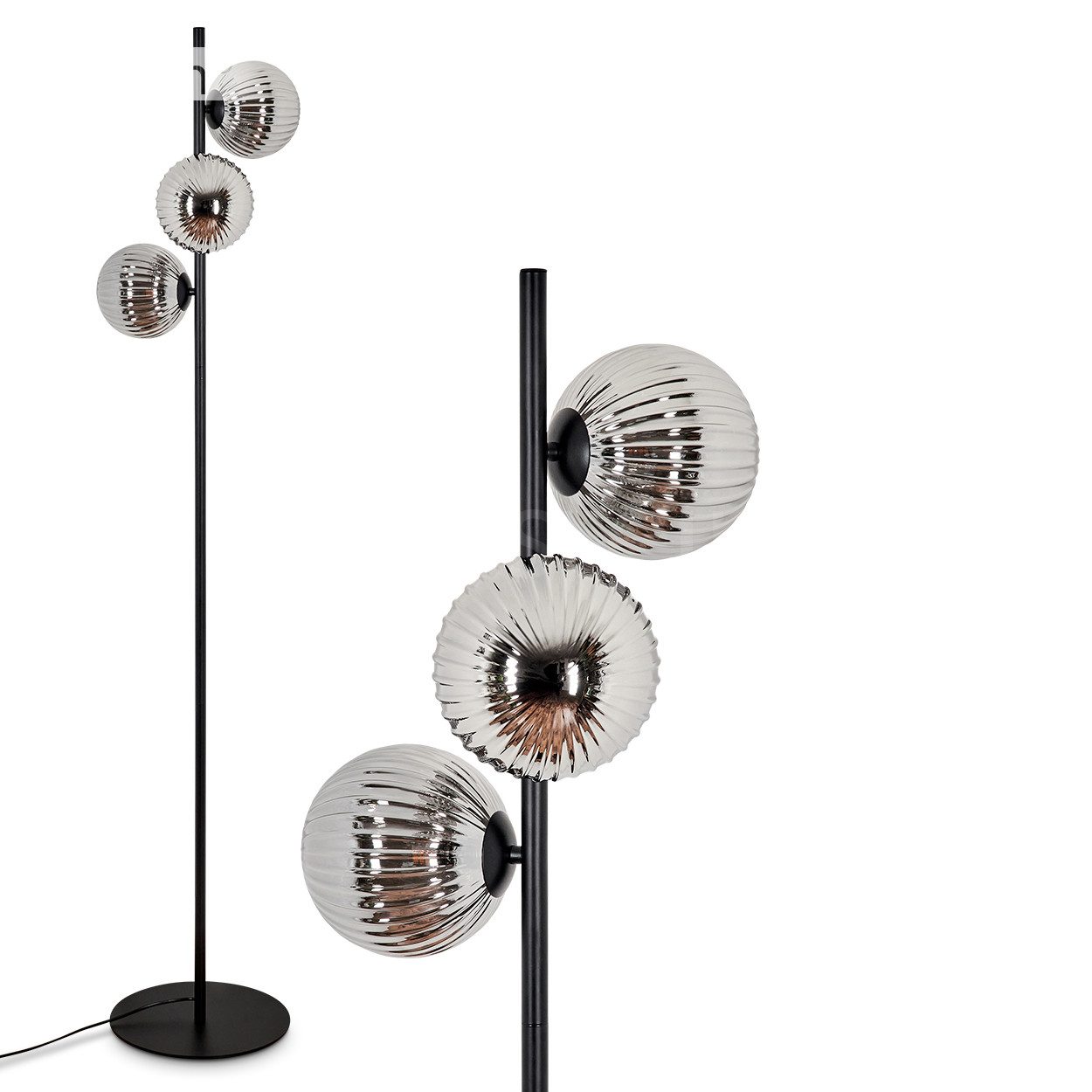 Stehlampe Stehlampe aus Metall/Riffelglas in Schwarz/Rauchfarben