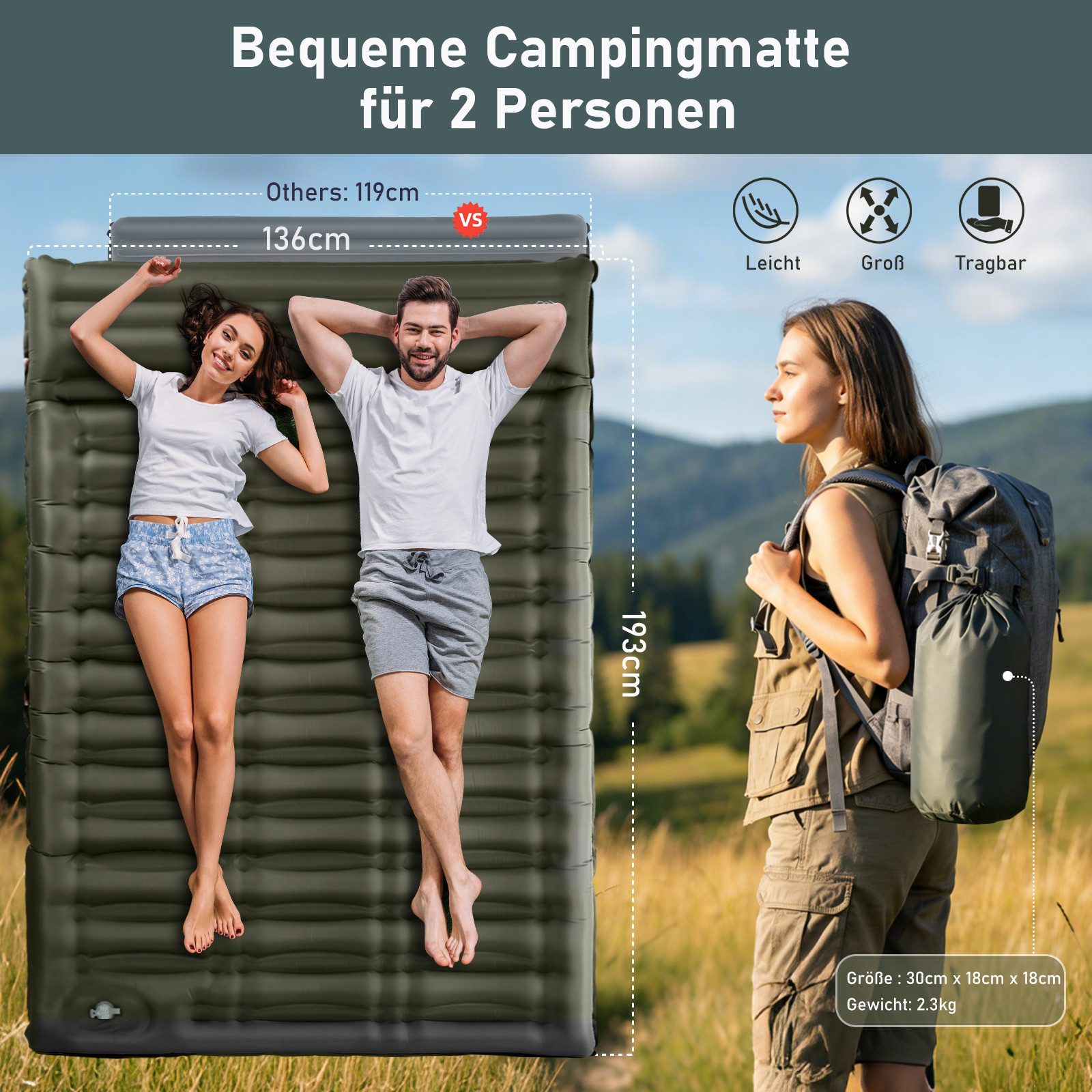 Elegear Isomatte isomatte selbstaufblasend 12/14cm Campingmatte Outdoor, 195×65/138CM, (1-tlg), Schlafmatte mit Fußpumpe, für 2 Personen Strand, Reisen, Zelt, Outdoor
