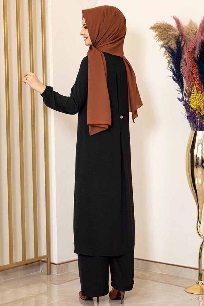 Damen Modavitrini Aerobin Anzug Schwarz Stoff Lange Hose Longtunika Knöpfe, Kleidung Tunika Hijab Zweiteiler mit
