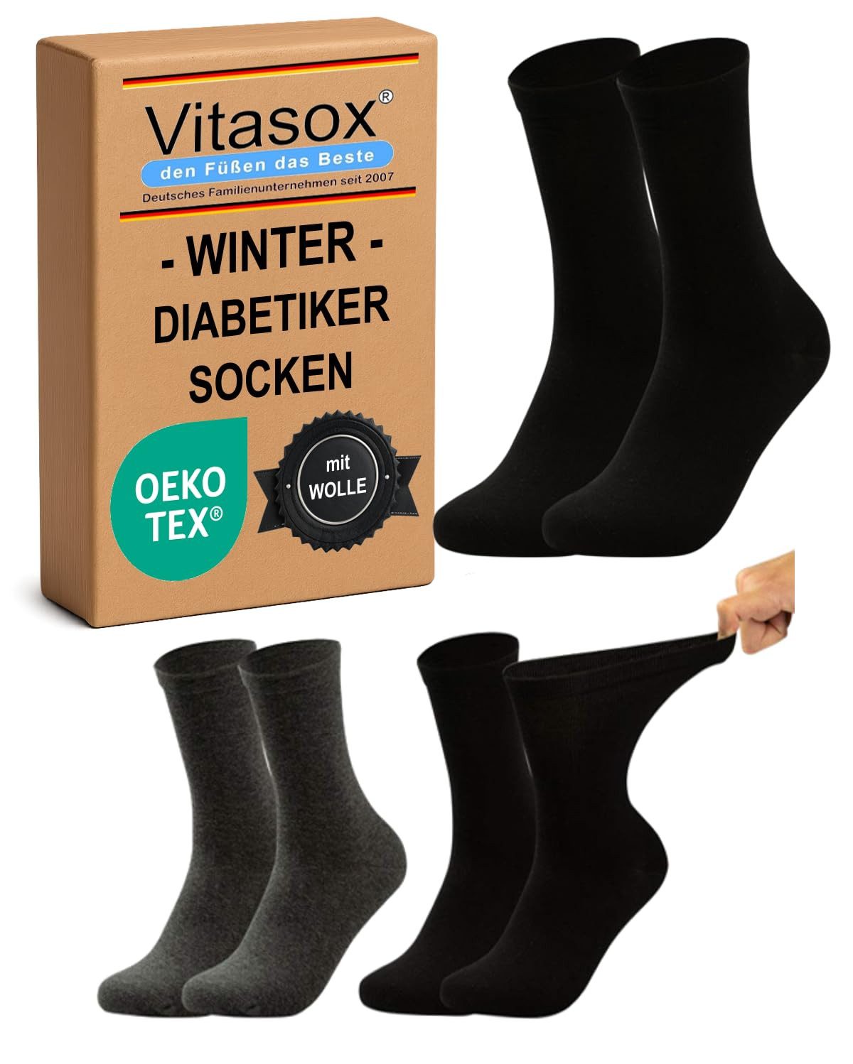 Vitasox Diabetikersocken extra warm mit Wollanteil für Damen und Herren (2-Paar) mit Wollanteil für warme Füße an kalten Tagen