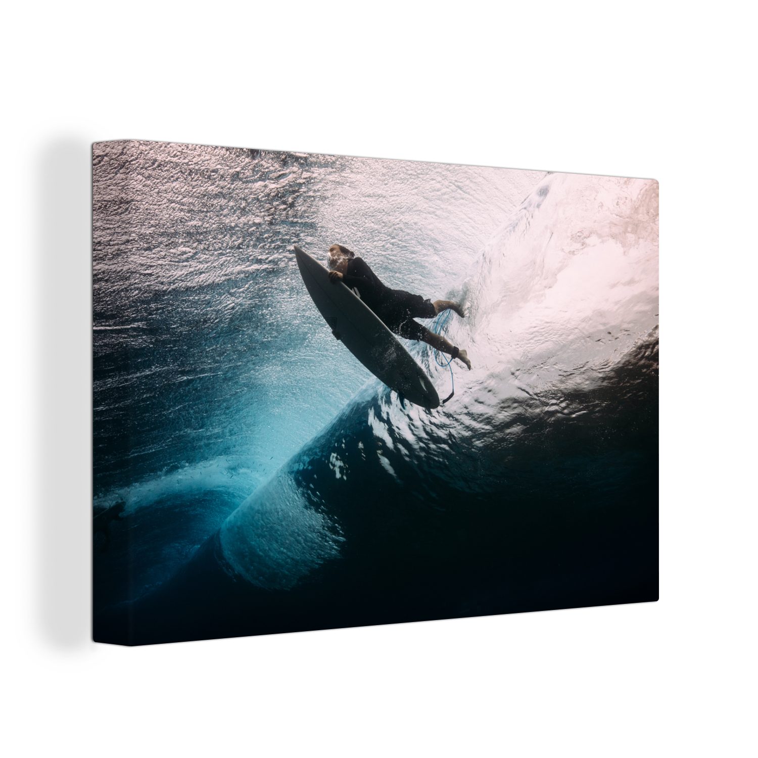 OneMillionCanvasses® Leinwandbild Surfer taucht, (1 St), Wandbild Leinwandbilder, Aufhängefertig, Wanddeko, 30x20 cm