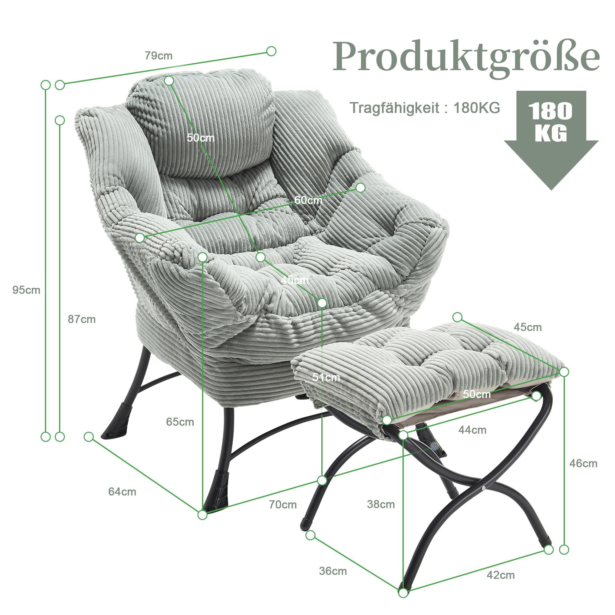LVHOM Loungesessel Relaxsessel mit Hocker: Verbreitert/Sanftes Design,praktische Ergonomie (Gemütliche, extraweiche Polsterung, rutschfeste Schutzfüße, ergonomische Lehne, Seitentasche (Handy), Hocker als Fußbank/zusätzlicher Sitz, Stahlrahmen bis 180 kg, Sessel: 79x64x95 cm, Hocker: 50x45x46 cm), Ideal für Wohnzimmer, Schlafzimmer & Spielzimmer