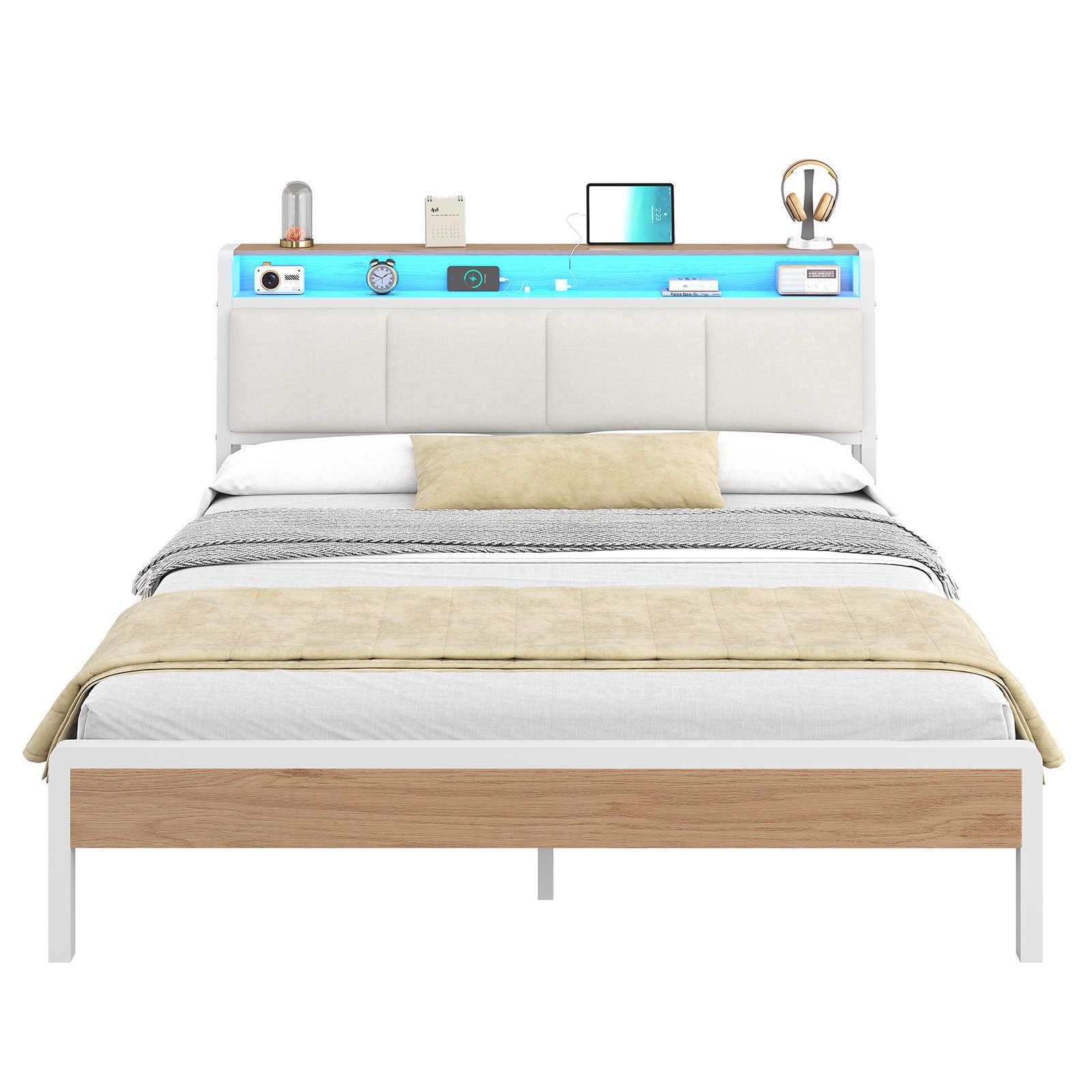 KIMENICH Polsterbett mit RGB-LED-Beleuchtung und Ladestation, Plattformbett Doppelbett (Ohne Matratze), Offenes Kopfteilfach mit Steckdosen, 105° Neigung, 160x200cm