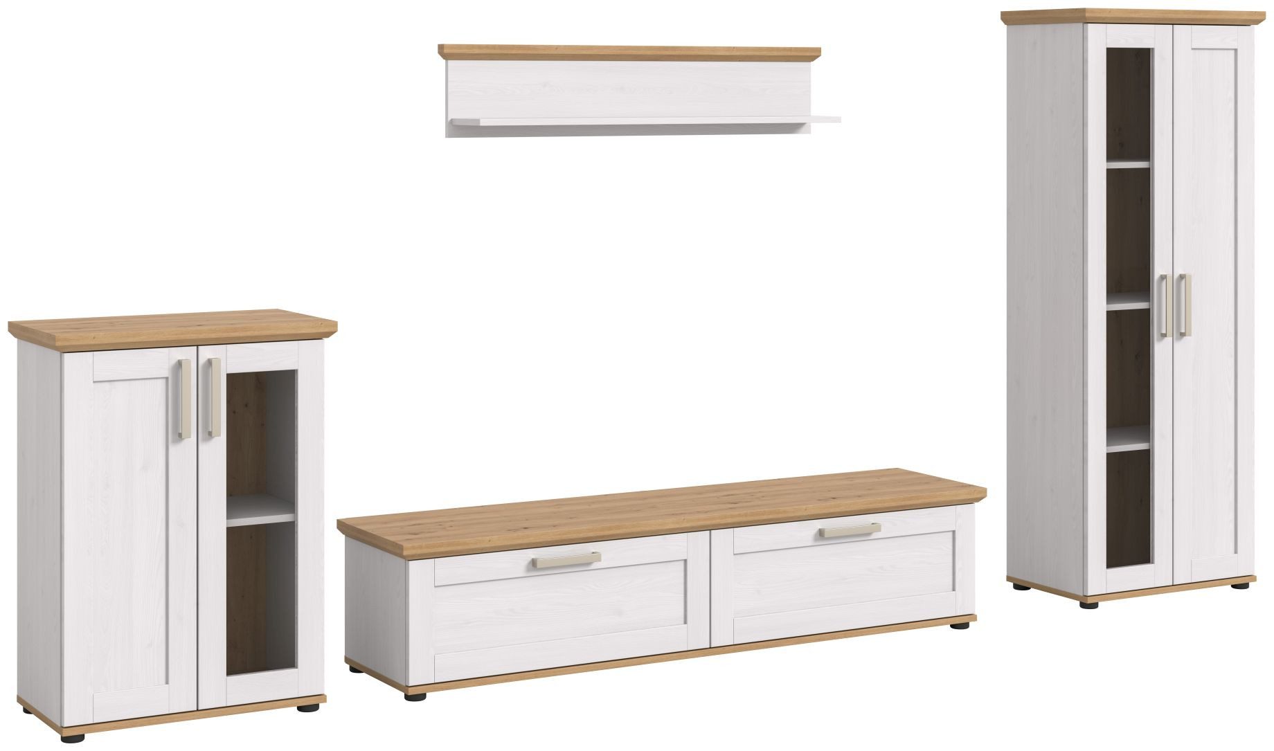xonox.home Wohnwand Wohnkombination Verona, (4tlg. Set enthält Vitrine klein, Lowboard, Wandboard, Vitrine groß), Sibiu Lärche Nachbildung Melamin Modern 336x161x40 cm