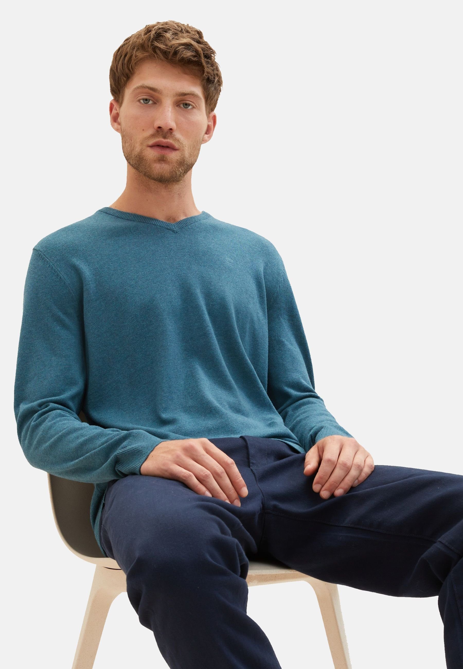 meliert Rippbündchen Sweatshirt melange mit Sweatshirt (1-tlg) TAILOR green dark TOM Pullover