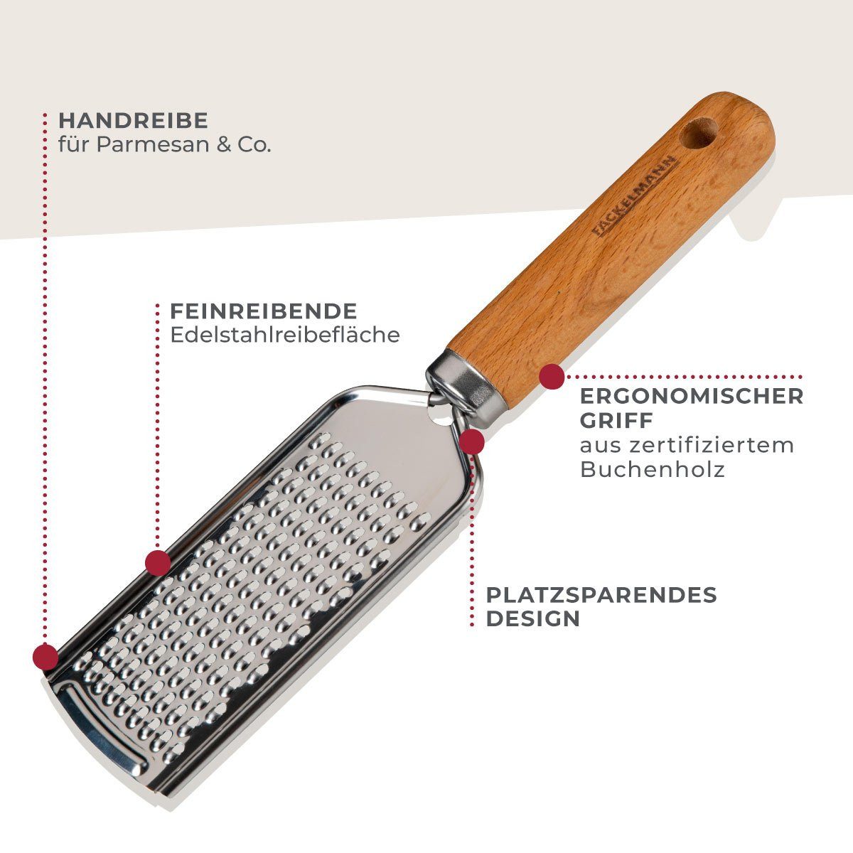 FACKELMANN Käsereibe Handreibe für Parmesan & Hartkäse, Edelstahlklinge, Holzgriff