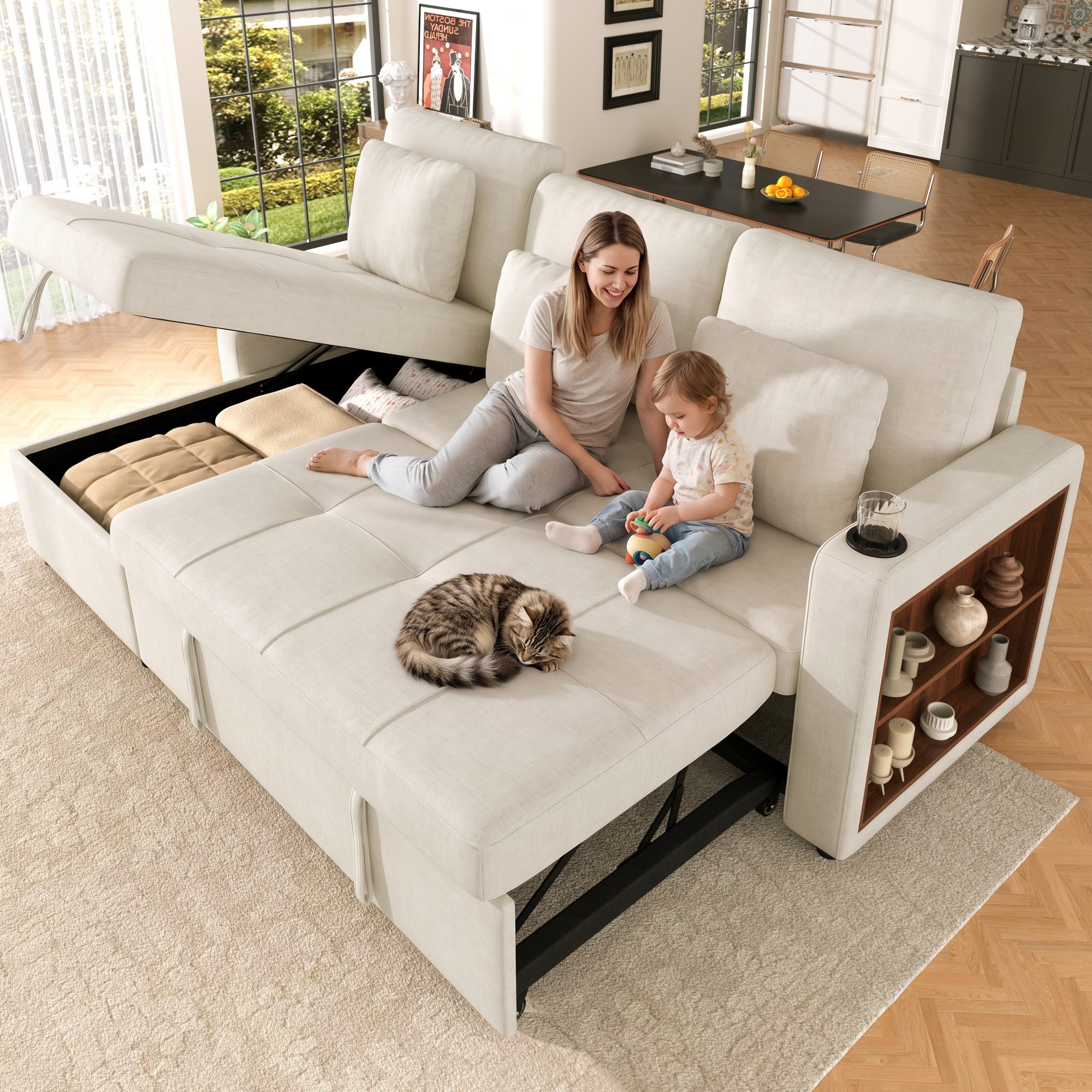 Merax Schlafsofa mit Récamiere, ausziehbares Sofa mit Bettfunktion, Chenille-Bezug, moderne Couch für Wohnzimmer, Apartment und Gästezimmer 1 Teile, Sofa mit Bettkasten, Armlehnen-Regal, Getränkehalter & Seitentaschen