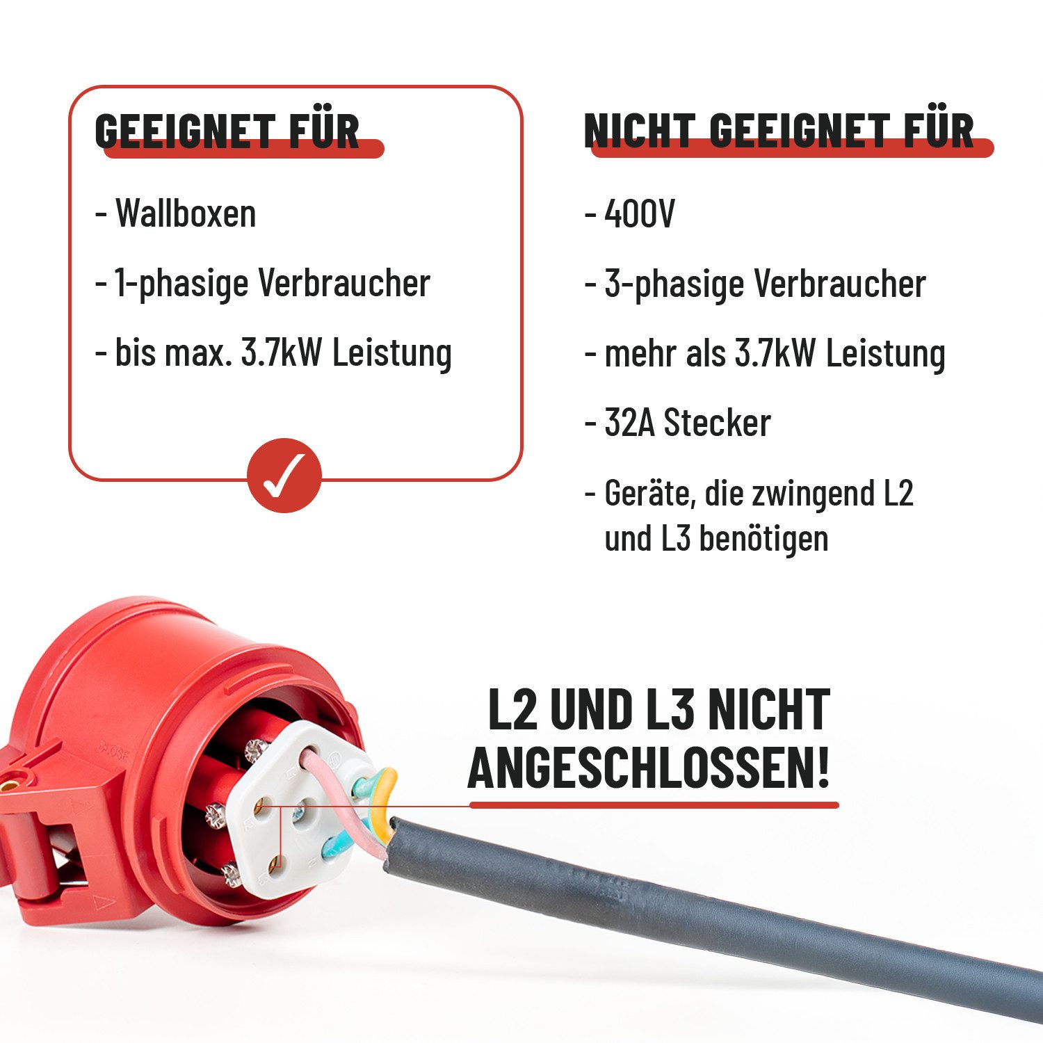 ABSINA 1x Adapter Schuko Stecker auf CEE Kupplung 60cm Kabel - E Auto Zubehör CEE-Adapterkabel – Bild 4 von 5
