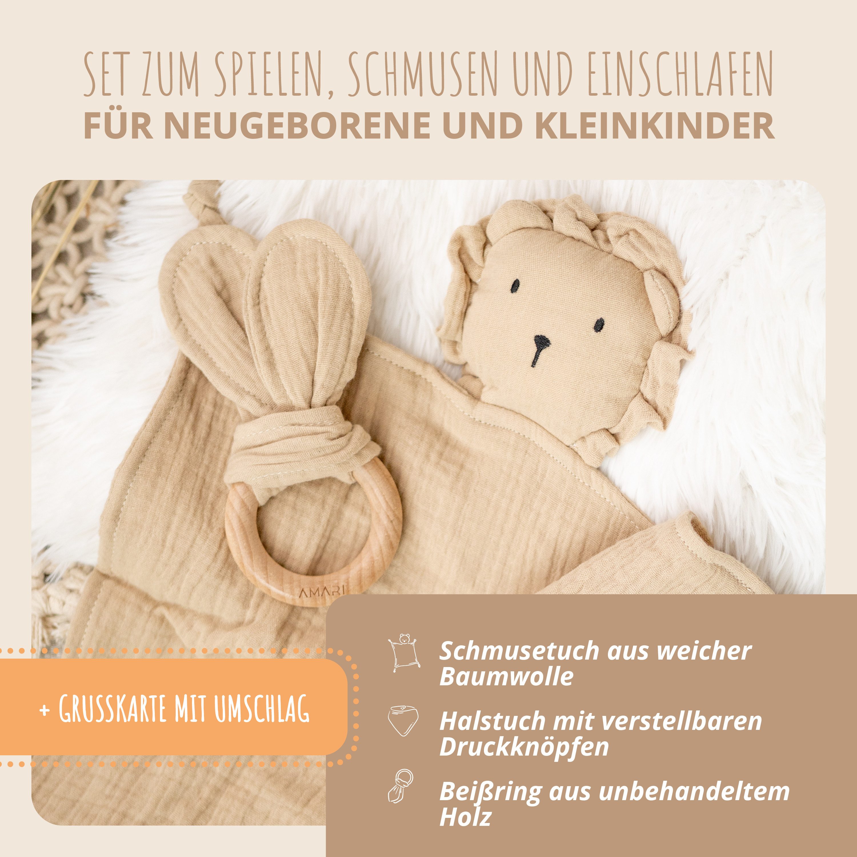 Amari Schmusetuch AMARI ® Schmusetuch mit Beißring und Lätzchen