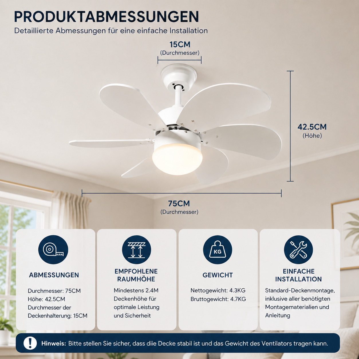 Nettlife Deckenventilator Leise Weiß 75cm 6 Flügel Deckenleuchte Timer Sommer/Winter Modus, Wohnzimmer Schlafzimmer Küche Esszimmer Kinderzimmer Arbeitszimmer