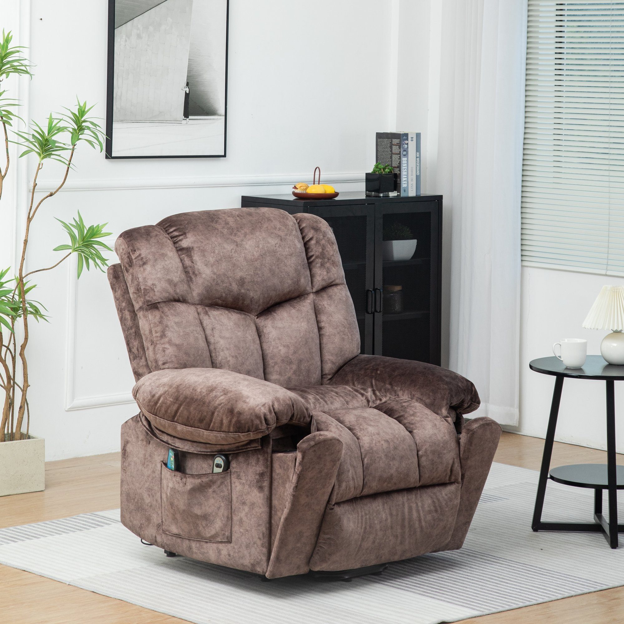 HAUSS SPLOE TV-Sessel Massagesessel Fernsehsessel Elektrischer Relaxsessel Einzelsessel (Elegantes Design mit Samtoberfläche und Aufbewahrungstaschen., liegen Einzelsessel Fernsehsessel Liegestuhl) Braun