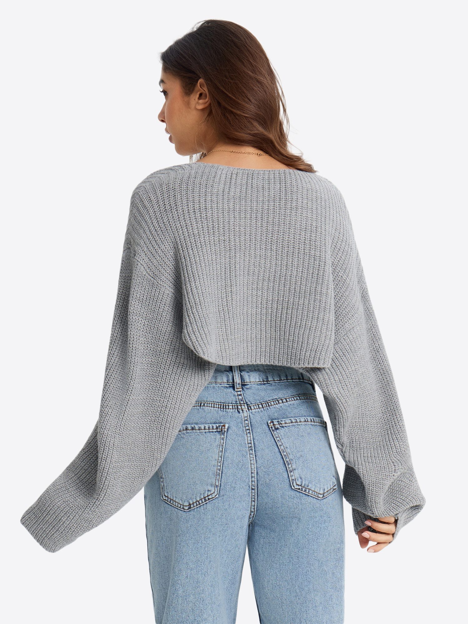 Imily Bela Bolero Damen Cropped Strick Langarm mit Ballonärmeln Offene Kurze Strickjacke (Packung, 1-tlg., 1per-Pack) gehäkelt in Unifarbe