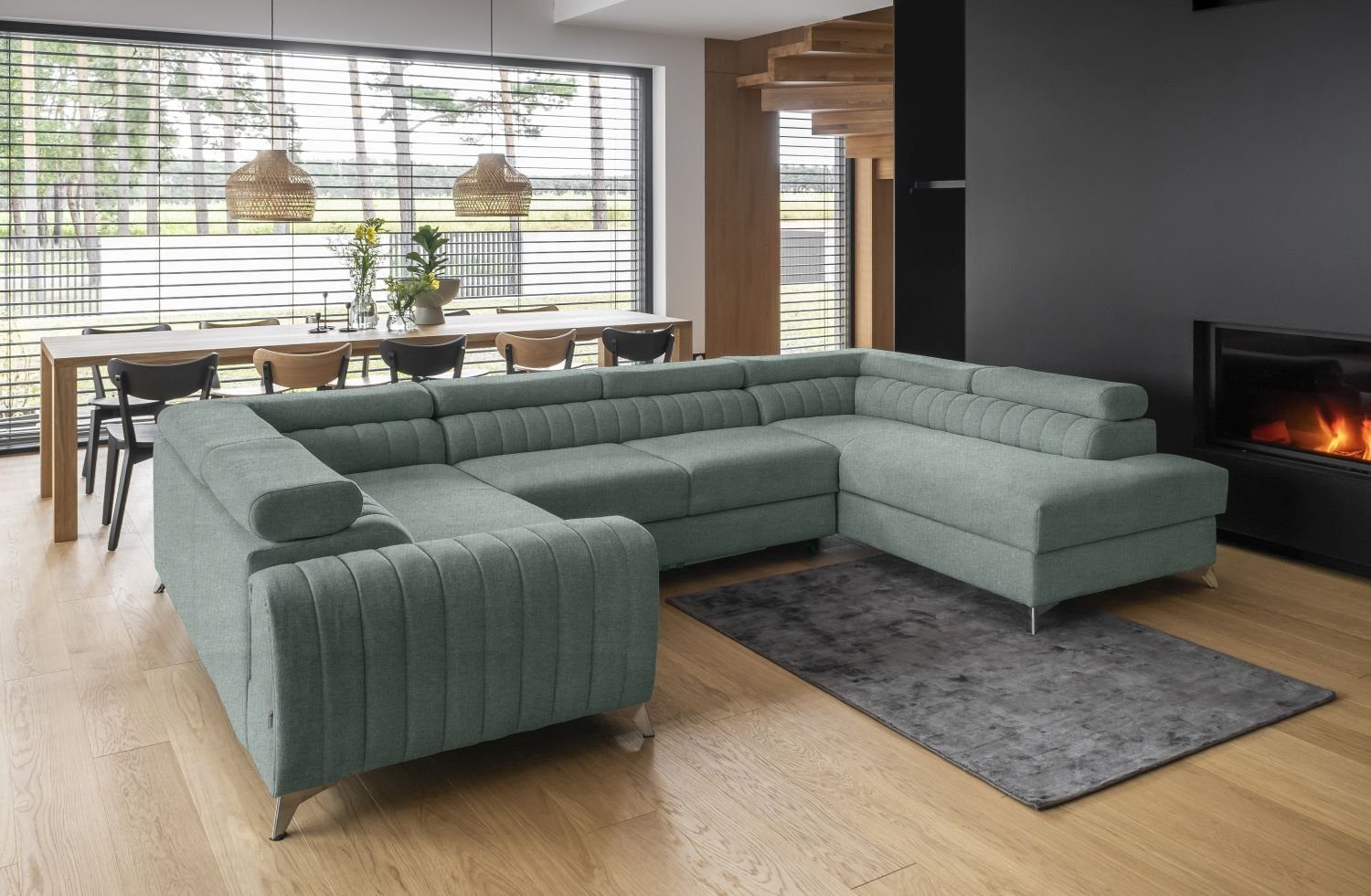 Lukas Möbel Wohnlandschaft Wohnlandschaft Linus mit Schlaffunktion Bettkasten XXL-Sofa in U-Form, mit verstellbaren Kopfstützen