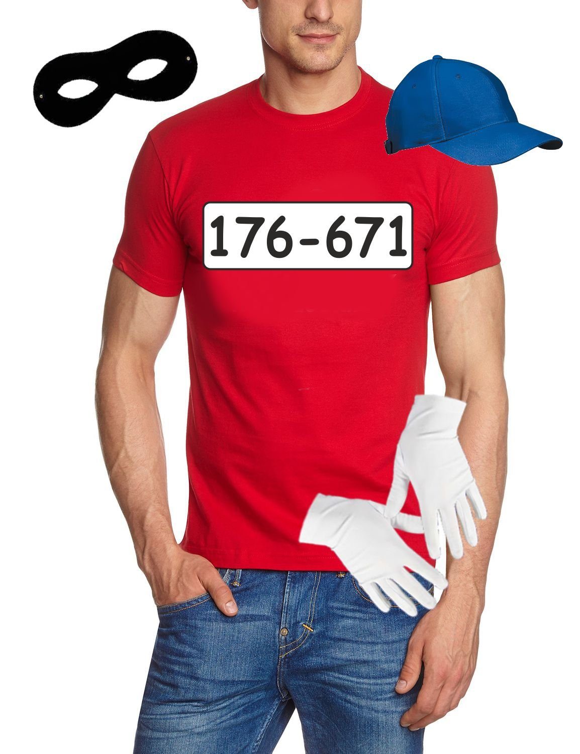 coole-fun-t-shirts Kostüm Set Gangster Bande KOSTÜM - Fasching - Karneval - T-Shirt, MÜTZE, Maske + Handschuhe - rot Gr. S M L XL XXL 3XL 4XL 5XL