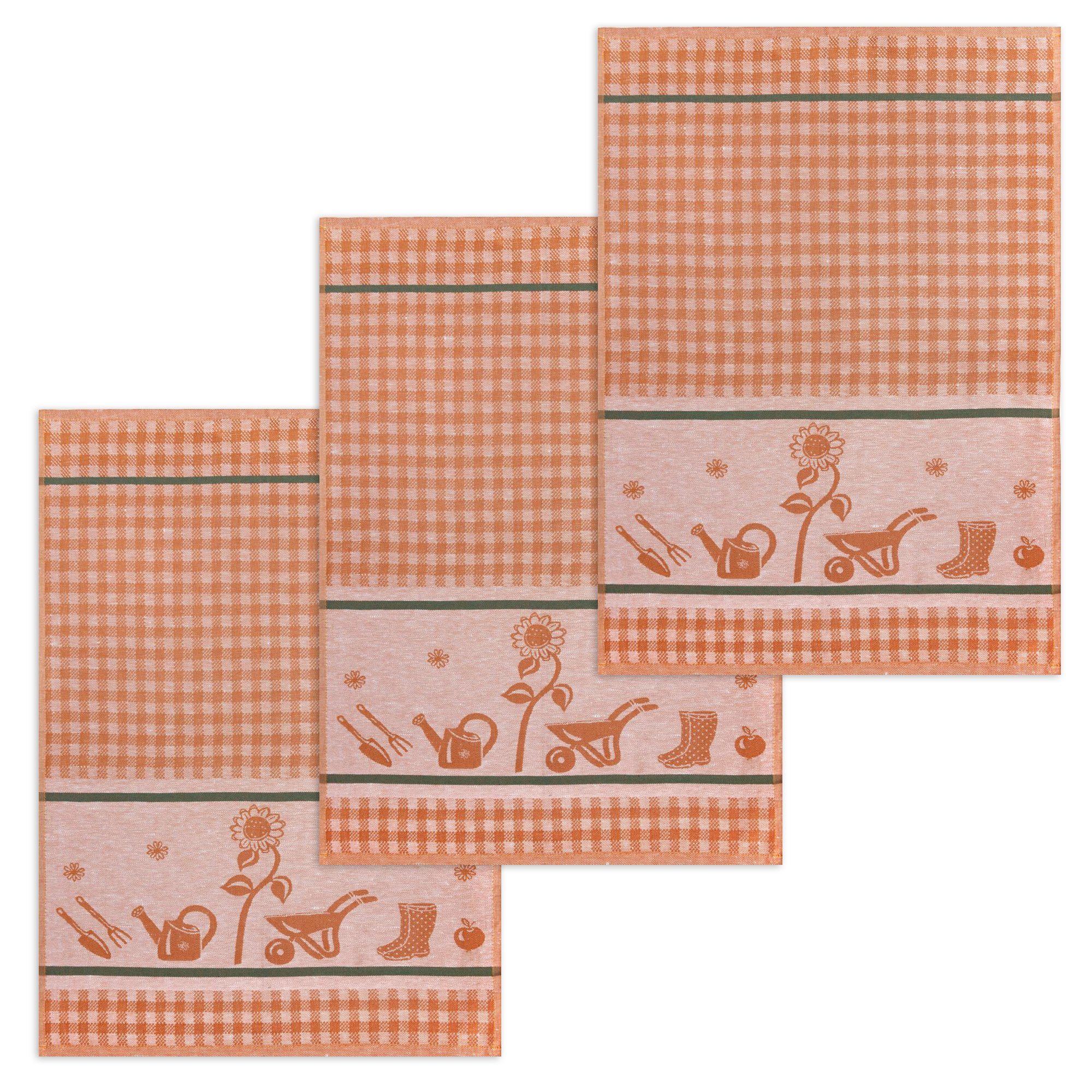Kracht Geschirrtuch Gartenarbeit, (Set, 3-tlg., Set), 3er Pack Geschirrtücher (3 Stück), ca. 50x70cm, Halbleinen Jacquard Orange