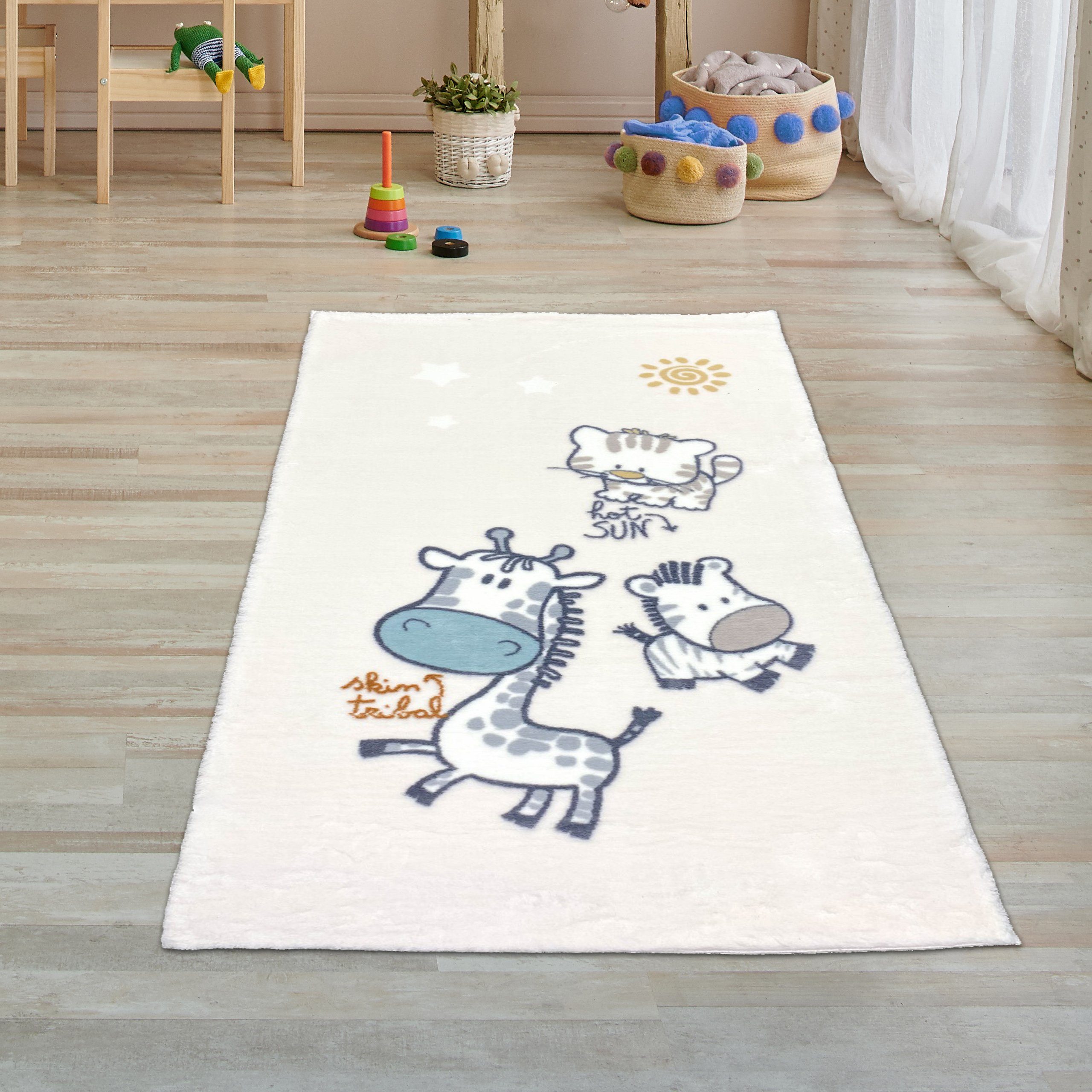 Kinderteppich Kinderzimmer Teppich weich creme Giraffe-Zebra, Teppich-Traum, rechteckig, Rückseite durch „Canvas“ geschützt