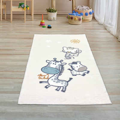 Kinderteppich Kinderzimmer Teppich weich creme Giraffe-Zebra, Teppich-Traum, rechteckig, Rückseite durch „Canvas“ geschützt