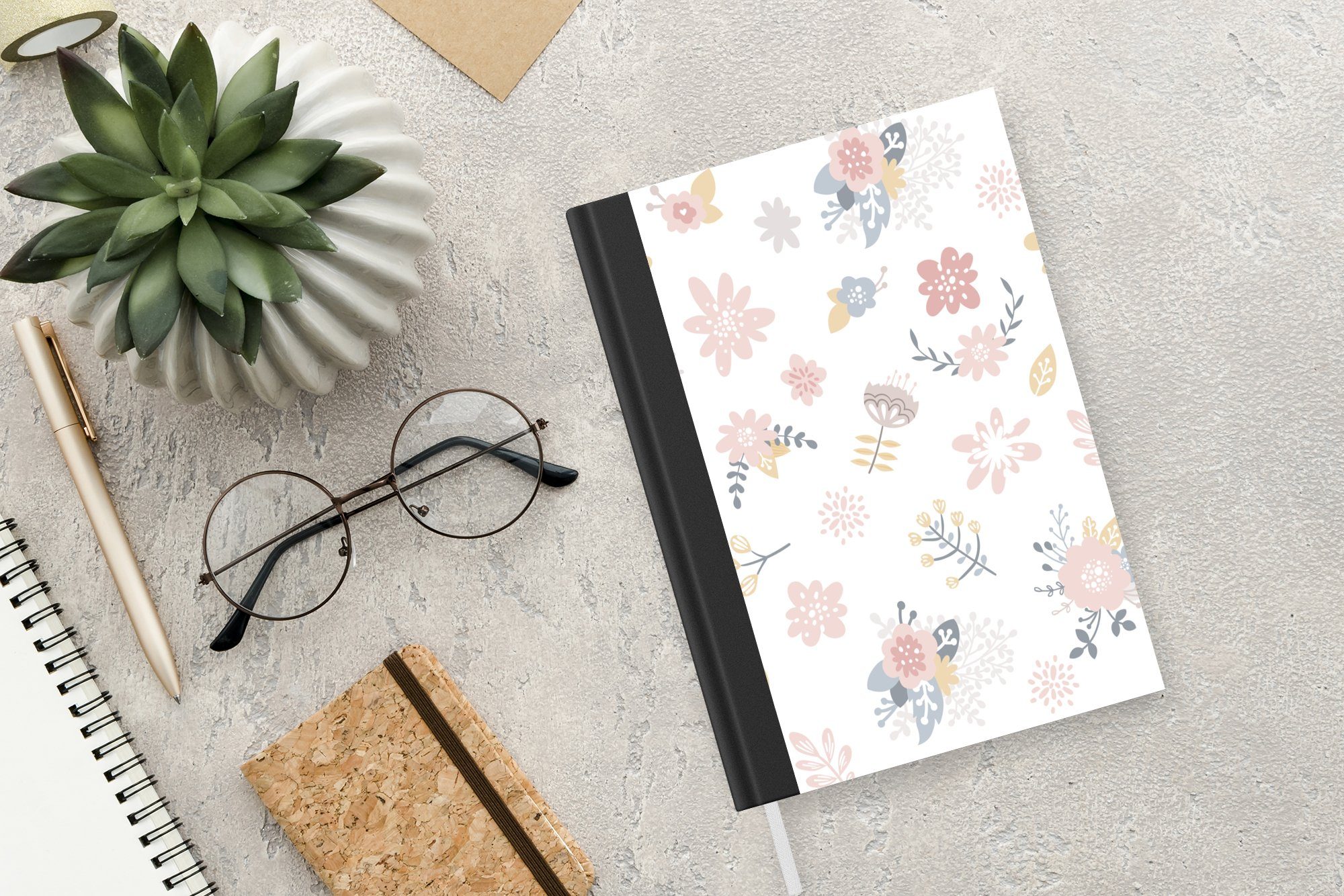 MuchoWow Notizbuch Blumen - Muster - Rosa Kind, - Baby - Pastell 98 A5, Tagebuch, - Merkzettel, Seiten, Notizheft, Haushaltsbuch Journal