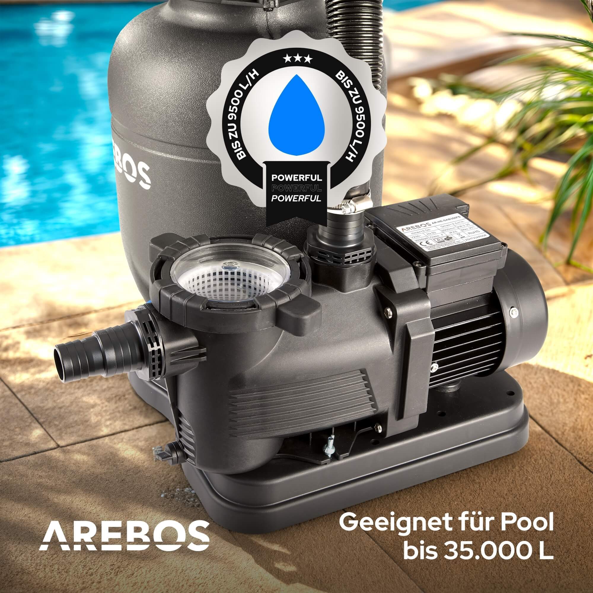 Arebos Sandfilteranlage mit Pumpe 350 W, 7-Wege-Ventil & 9500 l/h (max. 20 kg Sand), Geeignete Wassertemperatur: 10 - 35 °C – Bild 5 von 5