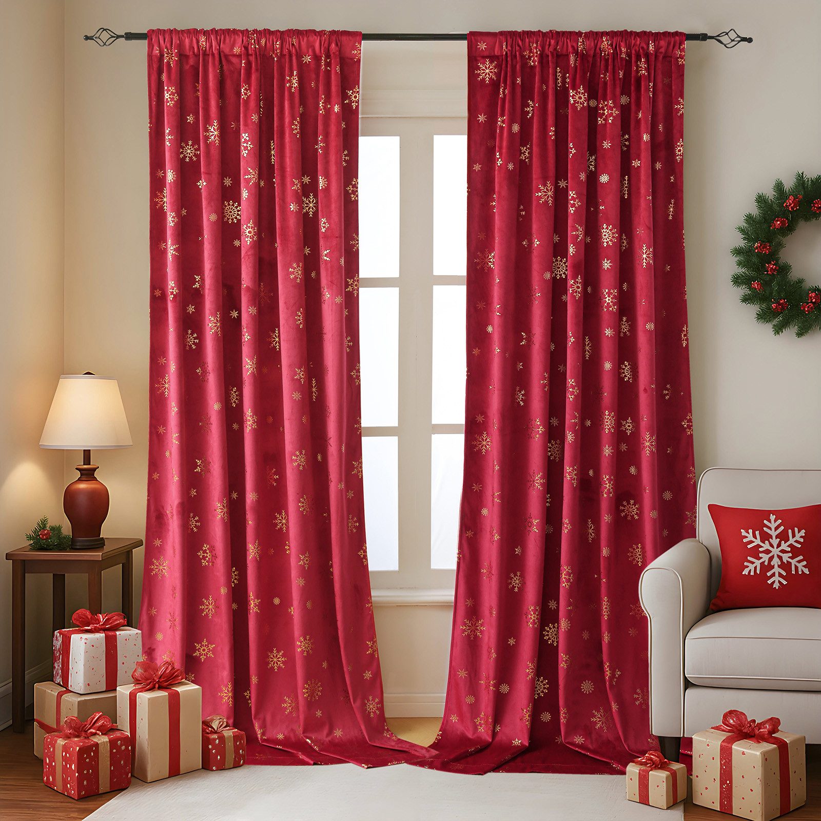 Jibenhome Verdunkelungsvorhang Weihnachtsvorhänge,Schneeflocken Goldfolien Vorhang Samt Velvet (2 St), blickdicht, für Wohnzimmer, Schlafzimmer, Weihnachtsfeier-Dekoration