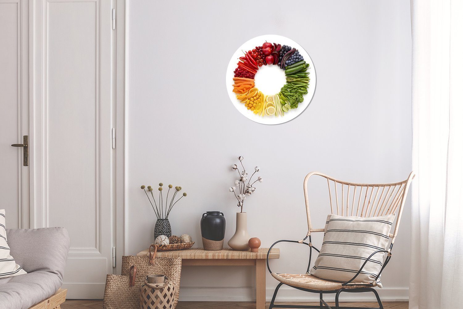 30x30 Kreis (1 Kreis Wohnzimmer, - Gemälde Regenbogen Obst MuchoWow Forex, - St), - Wanddekoration Wandbild, Rundes cm Weiß,