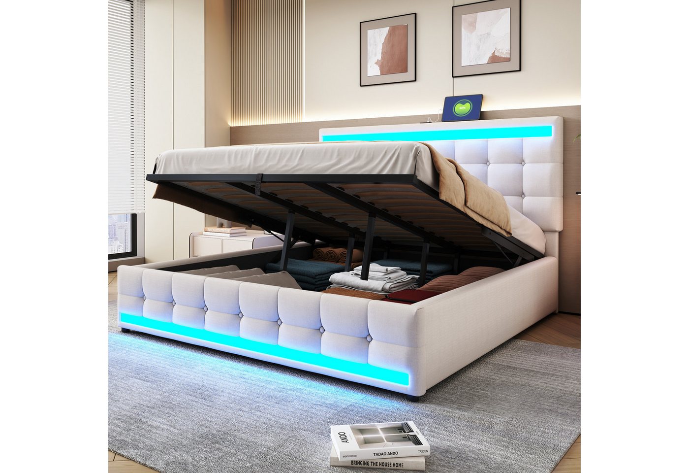Merax Polsterbett mit LED und USB Anschlüssen (Höhenverstellbares Kopfteil, 1-tlg), Doppelbett 180x200cm mit hydraulischem Stauraum, Mehrzweckbett, Leinen