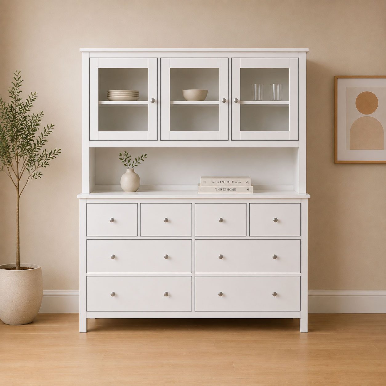 Inter Link Buffet Pinora, Vitrine Kiefer Massivholz, Küchenschrank Weiss lackiert (1-St) Geschirrschrank im Skandi Look, viel Stauraum, 160 x 39,50 x 197 cm