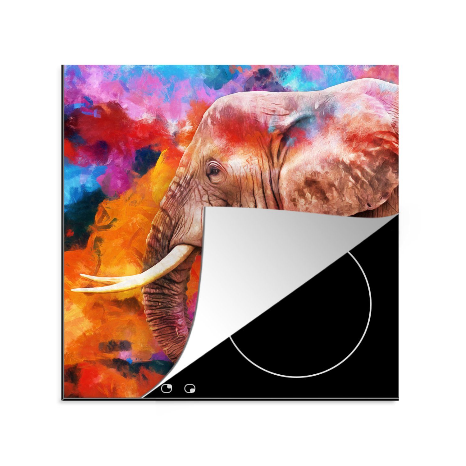 MuchoWow Herdblende-/Abdeckplatte Gemälde - Öl - Regenbogen - Elefant, Vinyl, (1 tlg), 78x78 cm, Ceranfeldabdeckung, Arbeitsplatte für küche