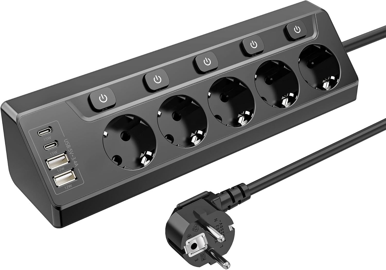 AKKEE Tischsteckdosenleiste mit 4/5/6 Steckdosen, Unabhängigem Schalter Mehrfachsteckdose (2M Verlängerungskabel für Küche, Büro, Haushalt, Kabellänge 5 m), Steckdosenleiste Mit 4 USB (2 USB C)+5 Fach Steckdose