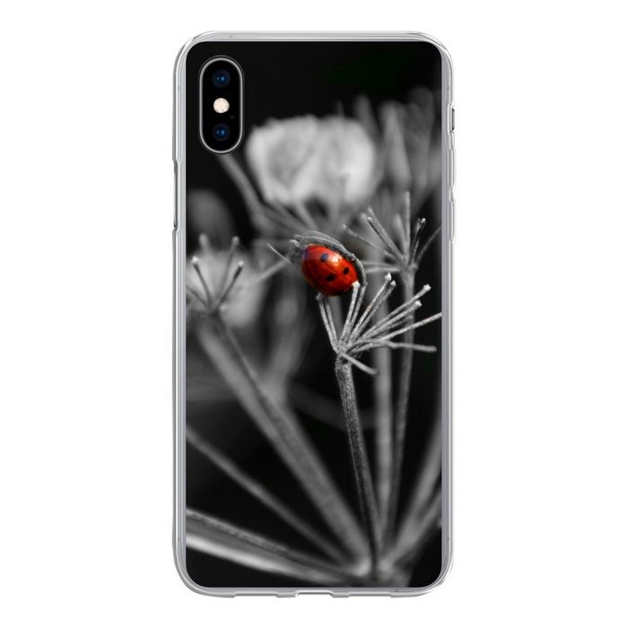 MuchoWow Handyhülle Schwarz-Weiß-Foto eines roten Marienkäfers auf einer Pflanze Handyhülle Apple iPhone Xs Smartphone-Bumper Print Handy
