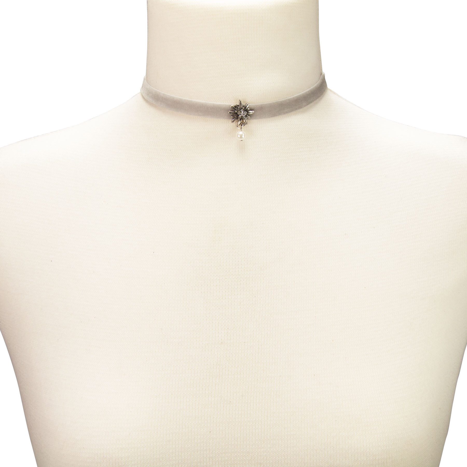Alpenflüstern Choker Trachten-Samt-Kropfband Strass-Edelweiß Perle (grau), - nostalgische Trachtenkette enganliegend, Kropfkette elastisch, Damen – Bild 3 von 3