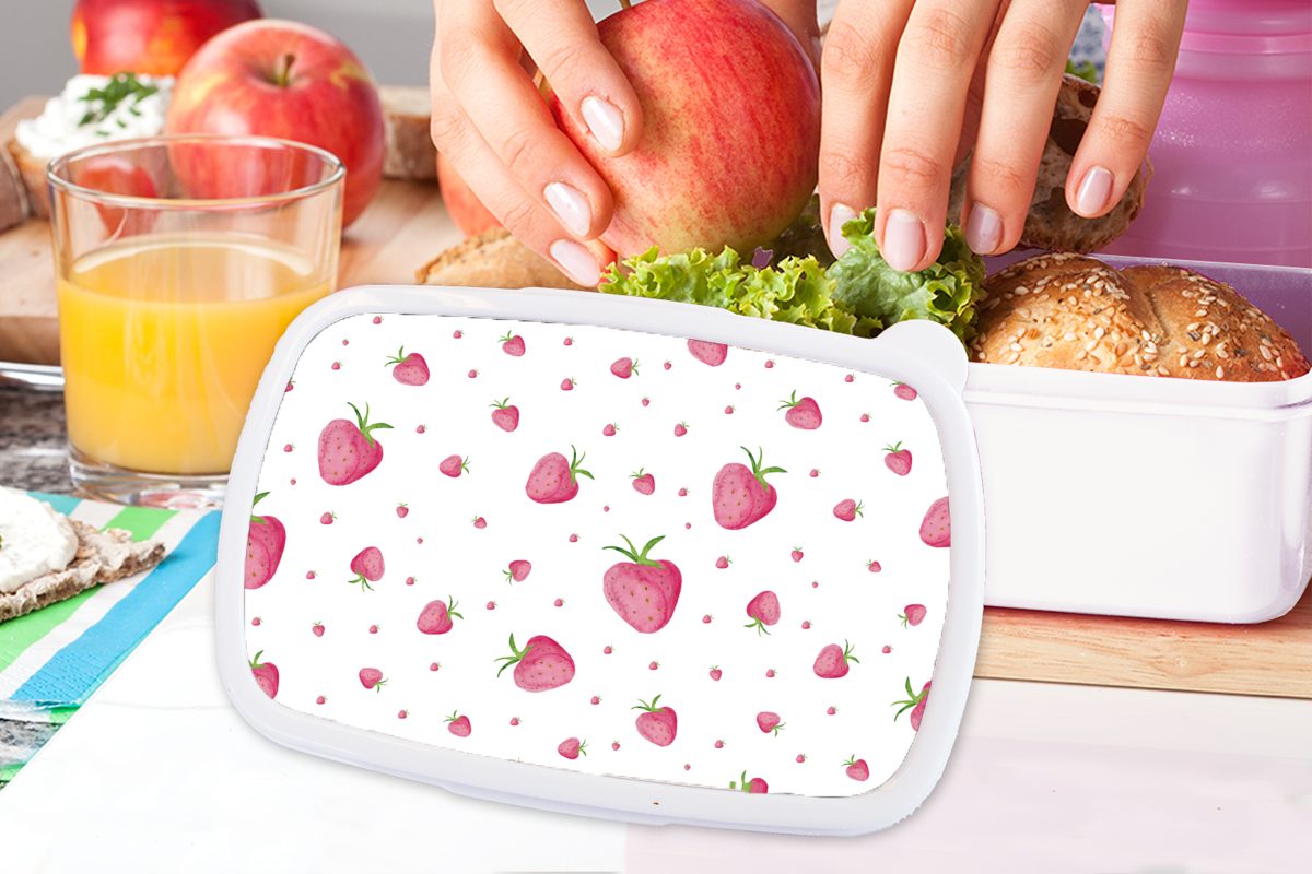 MuchoWow Lunchbox Erdbeere (2-tlg), Erwachsene, Weiß, Jungs und - Kunststoff, Brotdose, Brotbox und Kinder für für Obst - Mädchen