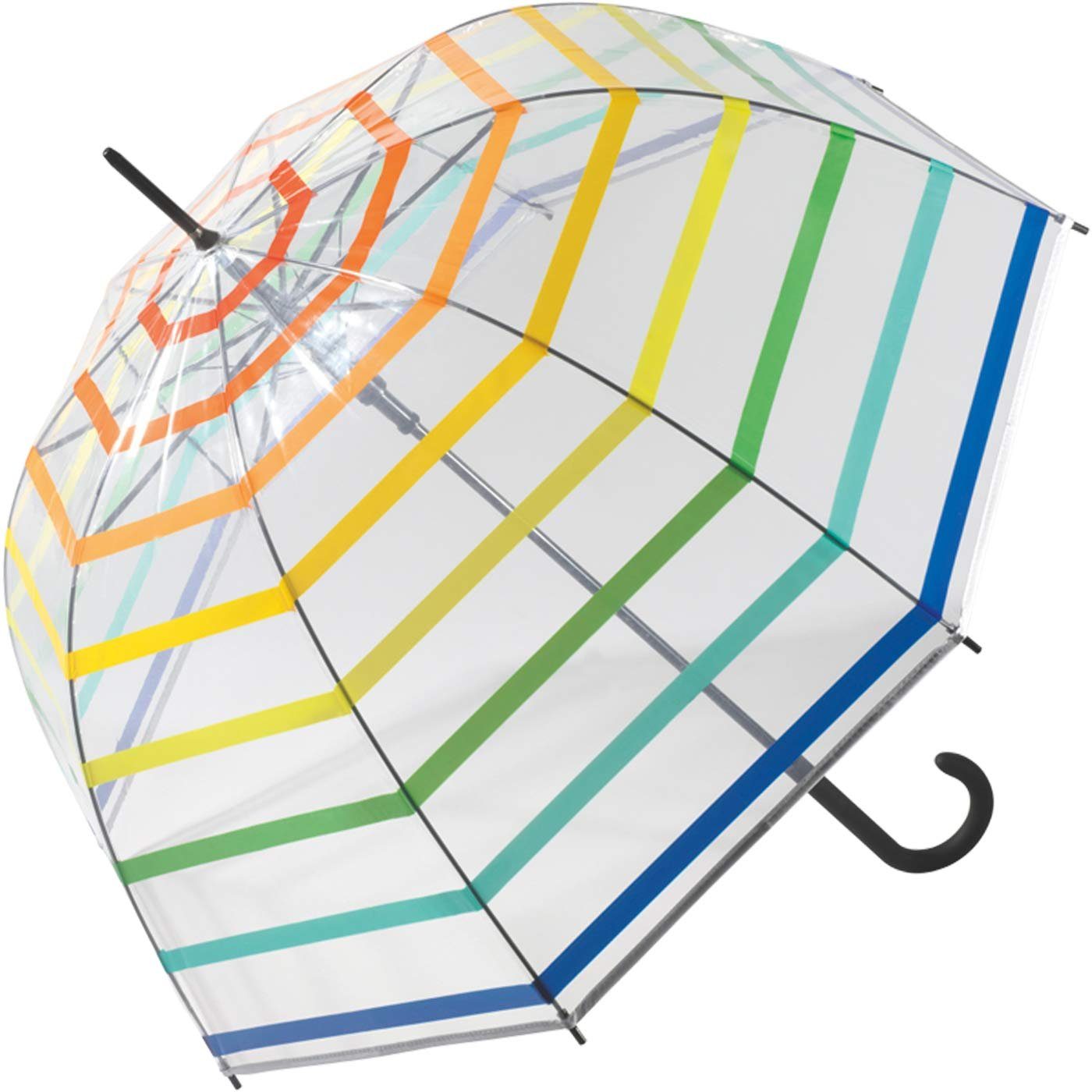 United Colors of Benetton Langregenschirm Glockenschirm mit Automatik  transparent Regenbogen, voller Druchblick mit diesem durchsichtigen  Kuppelschirm