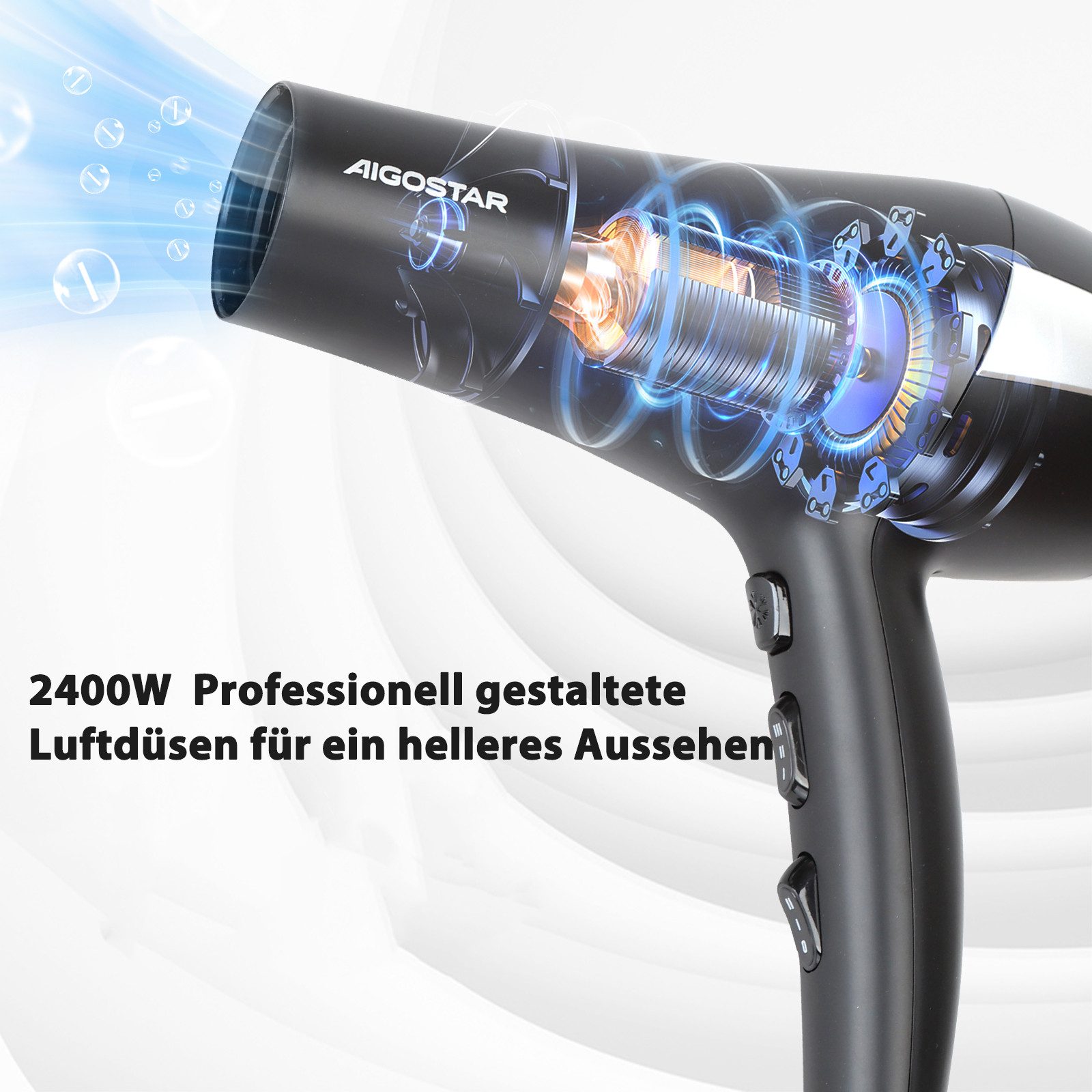 Aigostar Ionic-Haartrockner 2 Geschwindigkeit / 3 Hitze / Kühle Taste, mit Diffuser & Concentrator, 2400,00 W, 2400W Gleichstrommotor, Negative Ionenfunktion, infach zu Speichern