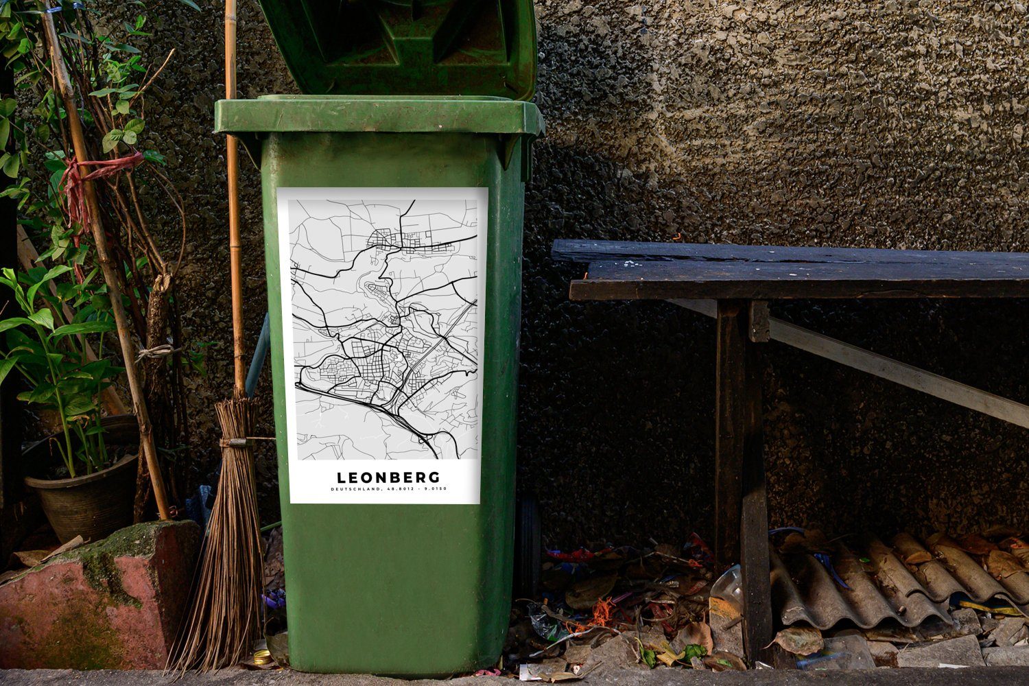 Stadtplan Sticker, Leonberg MuchoWow Deutschland Mülltonne, Karte St), Mülleimer-aufkleber, Abfalbehälter (1 - - - Wandsticker Container,
