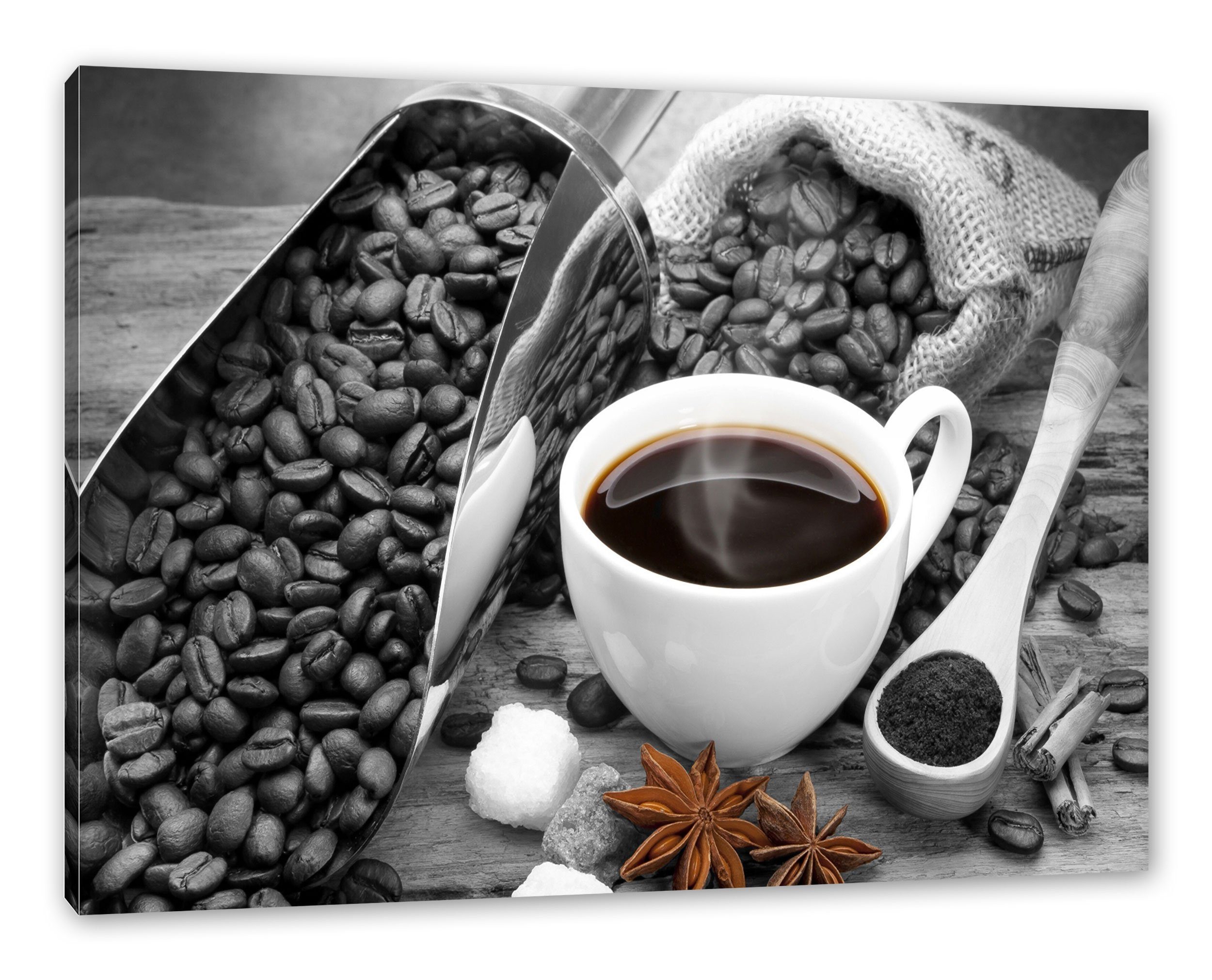 Pixxprint Leinwandbild Kaffee neben Kaffeebohnen, Kaffee neben Kaffeebohnen (1 St), Leinwandbild fertig bespannt, inkl. Zackenaufhänger