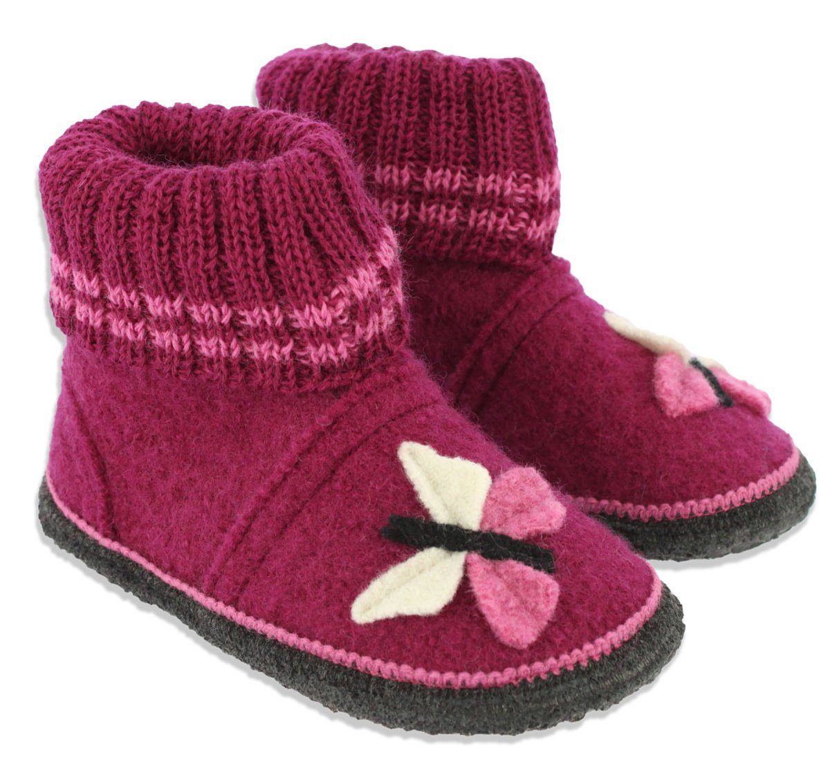 Beck Hüttenschuh Butterfly Hüttenschuhe (aus Österreich, warme Füße für Kita, Schule und Zuhause) rutschfeste Sohle, 100% atmungsaktive Schurwolle
