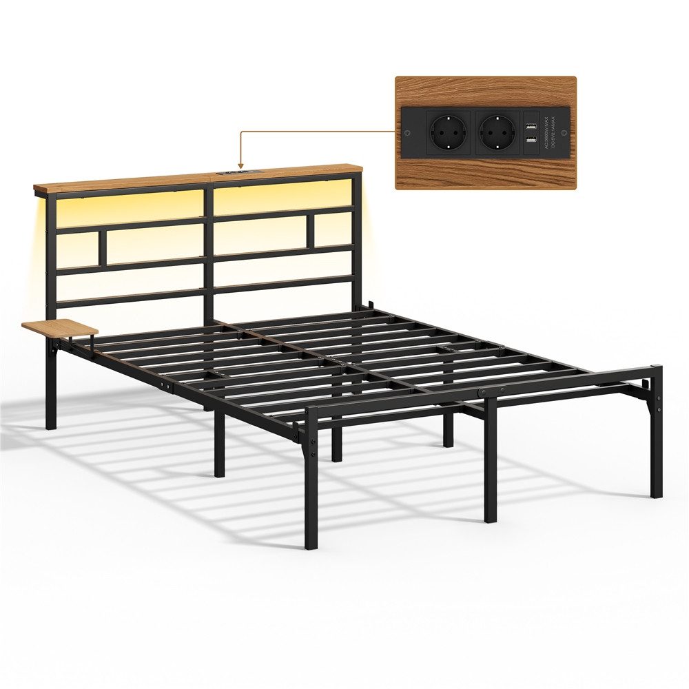 Yaheetech Metallbett mit LED-Beleuchtung & Ladestation Stabiler Bettrahmen, Doppelbett 140 × 200 cm Bettgestell mit Stauraum unter dem Bett