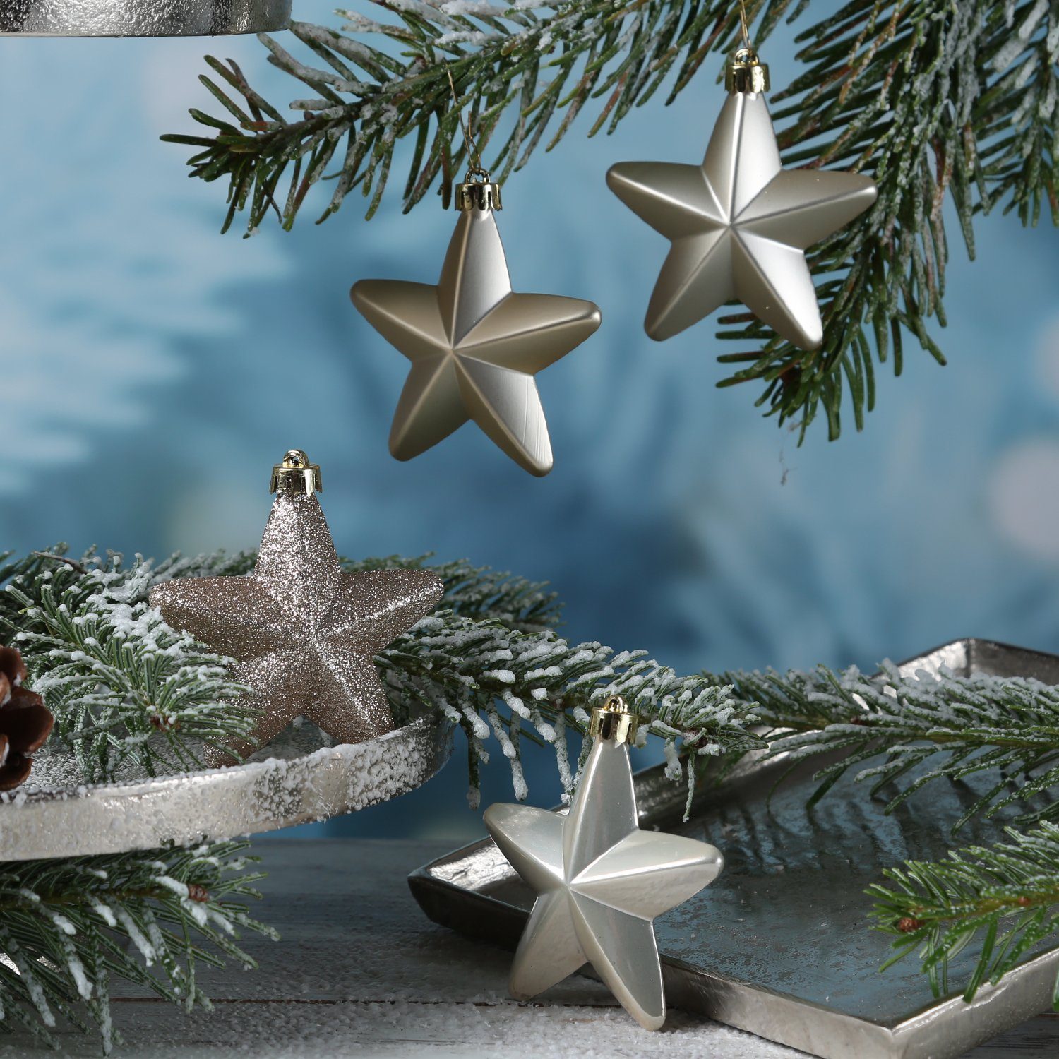 Sterne MARELIDA 6St. bruchfest glänzend Christbaumschmuck creme glitzernd Weihnachtsbaumschmuck