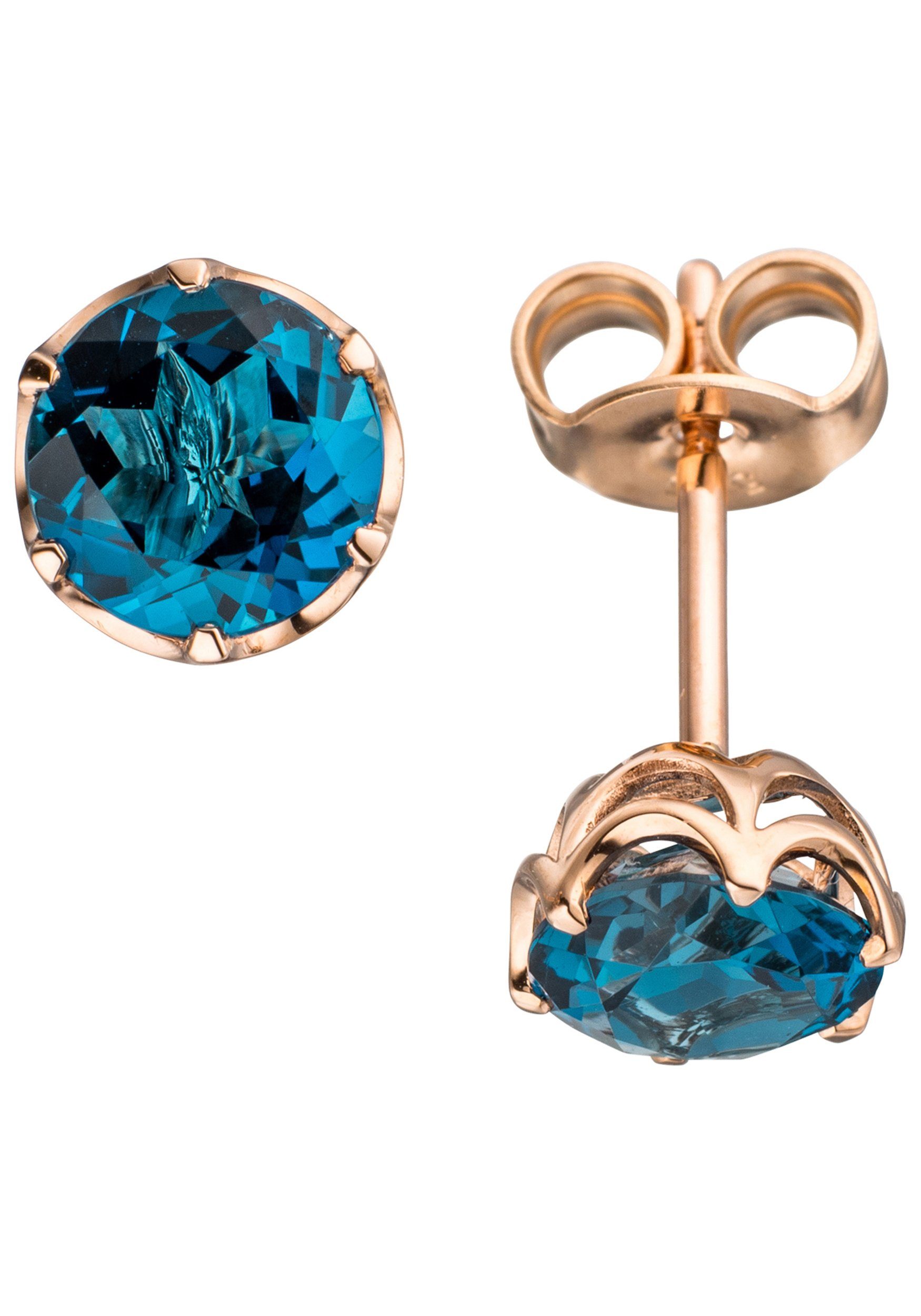 JOBO Paar Ohrstecker, rund 585 Roségold mit Blautopas günstig online kaufen