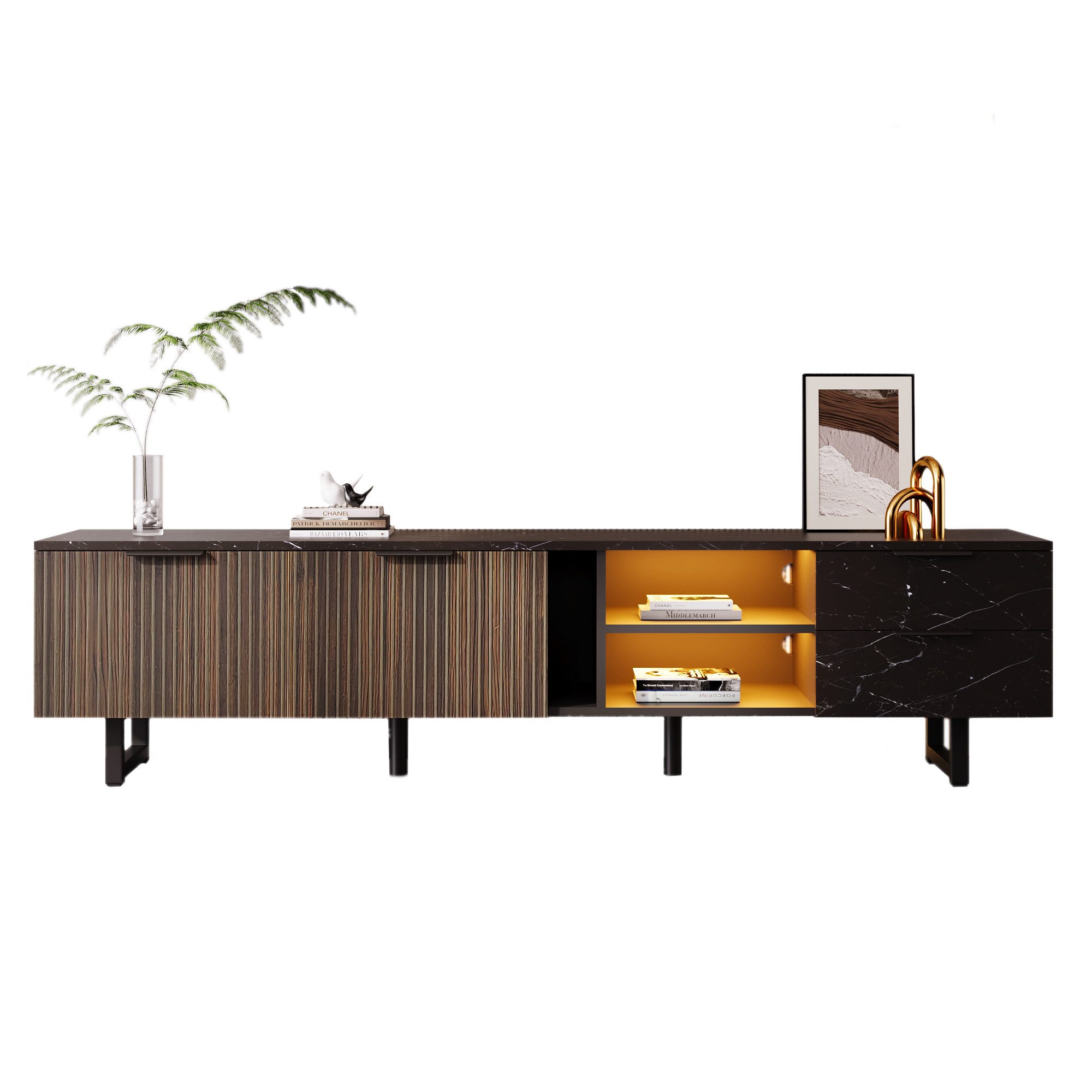 autolock Lowboard TV-Schrank 200 cm in schwarzer Marmoroptik mit LED (200 L günstig online kaufen