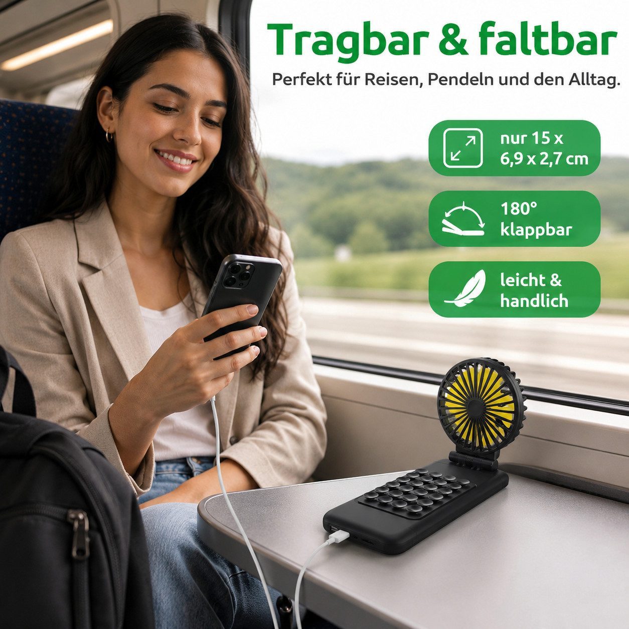 Bravedge Akku-Ventilator Reise Verntilator 10.000 mAh bis 40 Stunden Laufzeit, Powerbank mit Saugnapf, 3 einstellbare Geschwindigkeiten