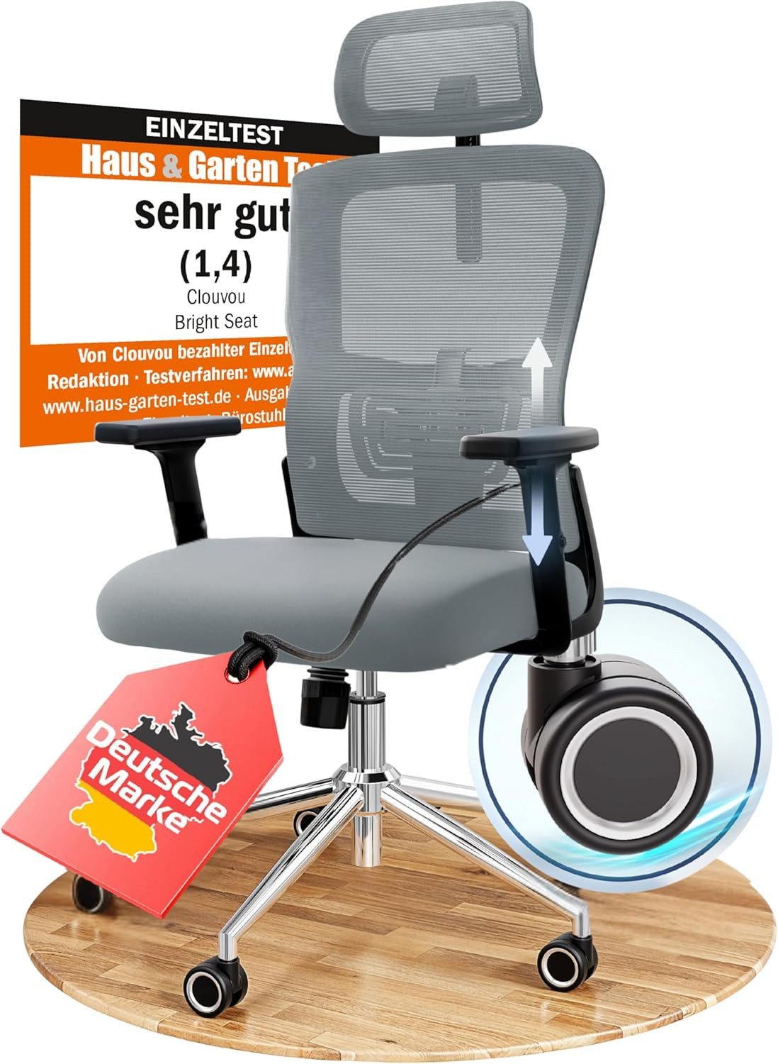 CLOUVOU Bürostuhl ergonomisch, Schreibtischstuhl bis 150 kg - Testsieger (BrightSeat - Для шефа für Arbeitszimmer, 2D Armlehne), Blade Wheels, Homeoffice, Gaming Stuhl, Drehstuhl