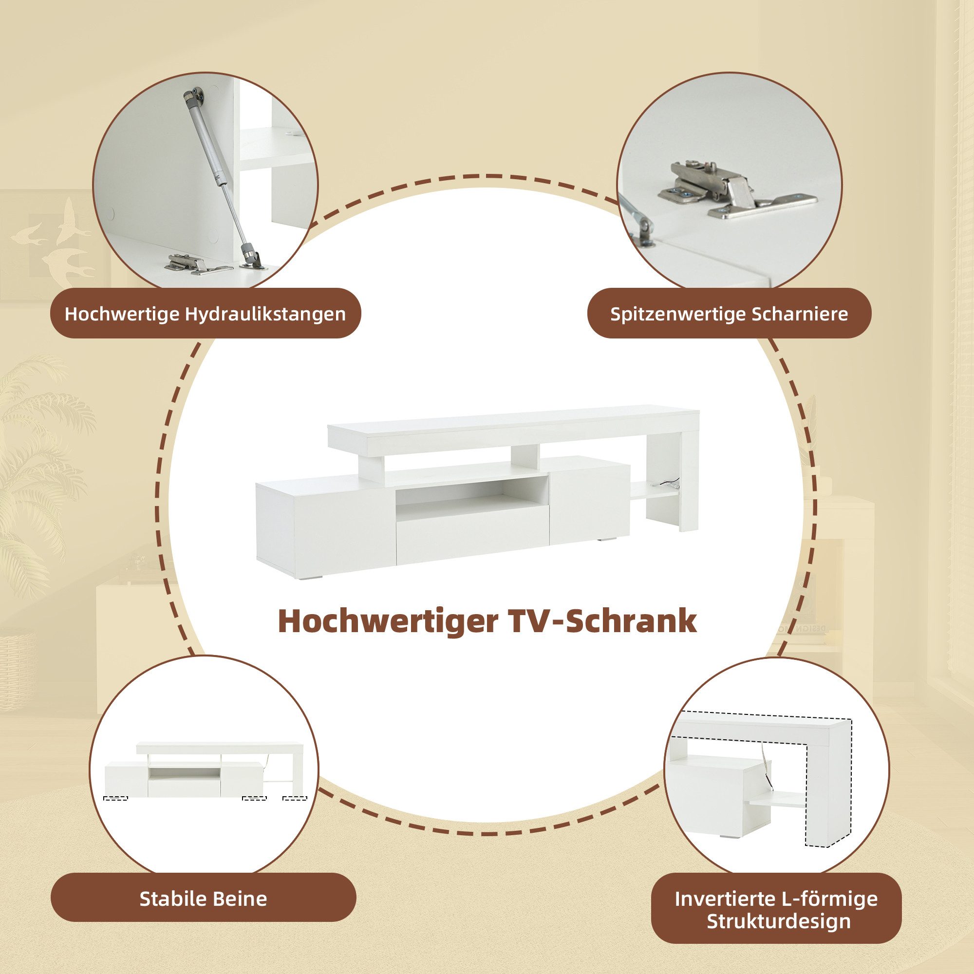 MODFU TV-Schrank Lowboard (Fernsehschrank, Fernsehtisch, Kommode, 1-St., mit 3 Schränke) mit LED, für Fernseher um 85 Zoll
