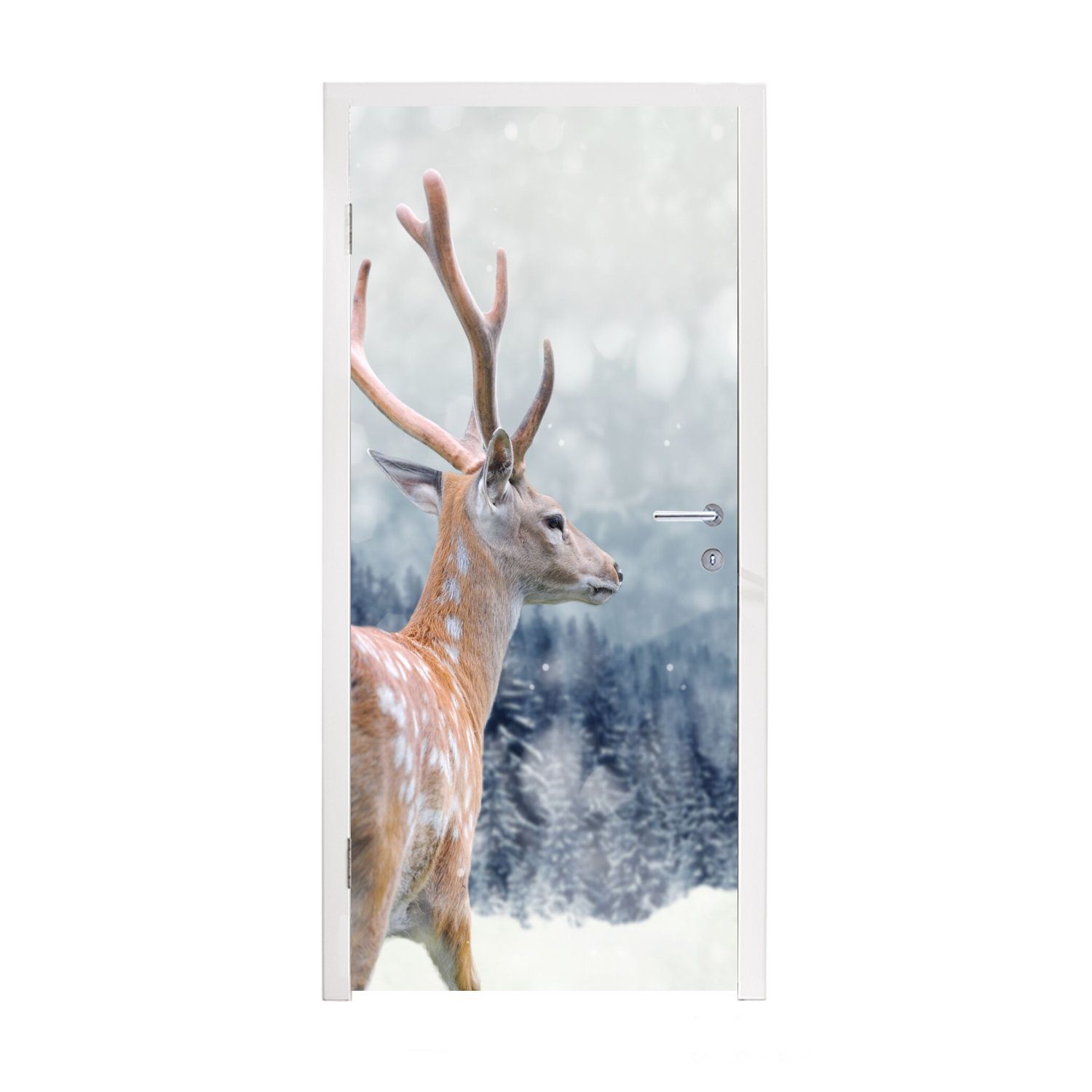 MuchoWow Türtapete Winter - Hirsche - Tiere, Matt, bedruckt, (1 St), Fototapete für Tür, Türaufkleber, 75x205 cm