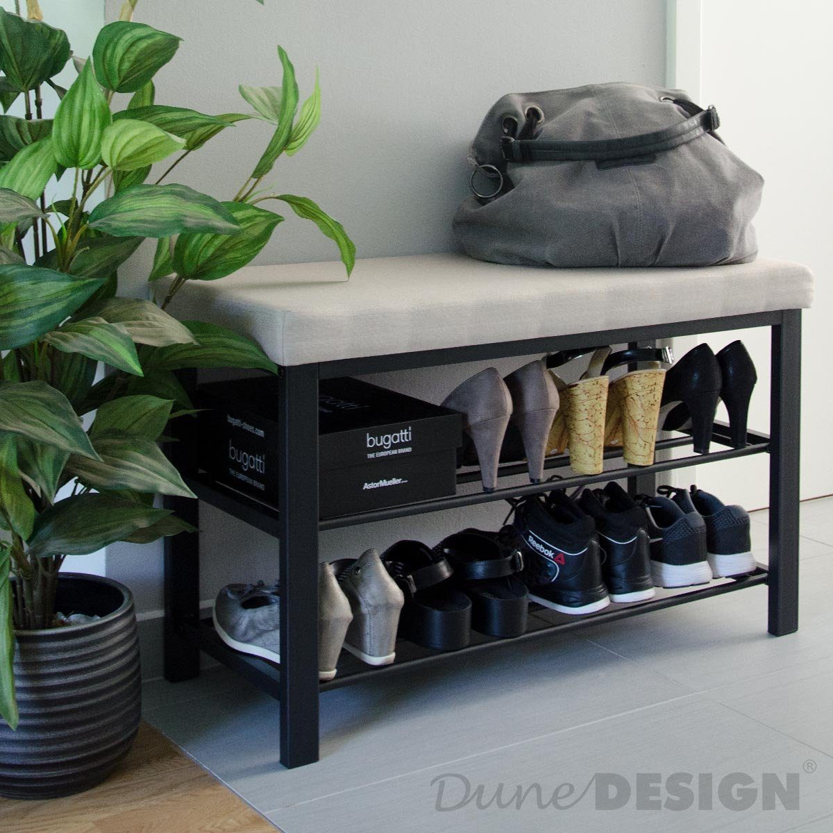 DuneDesign Schuhbank Schuhregal mit Sitzbank aus Metall 81x32x46 cm Schuhbank Beige