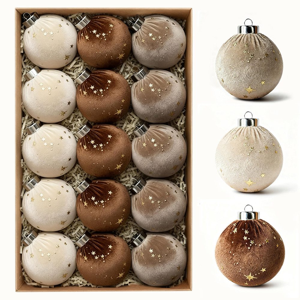 CLTYQ Weihnachtsbaumkugel Weihnachtskugeln 15 Stücke Weihnachtskugeln Samt Set,8 cm, bruchsichere, mehrfarbig in Braun,Grün und neutralem Beige