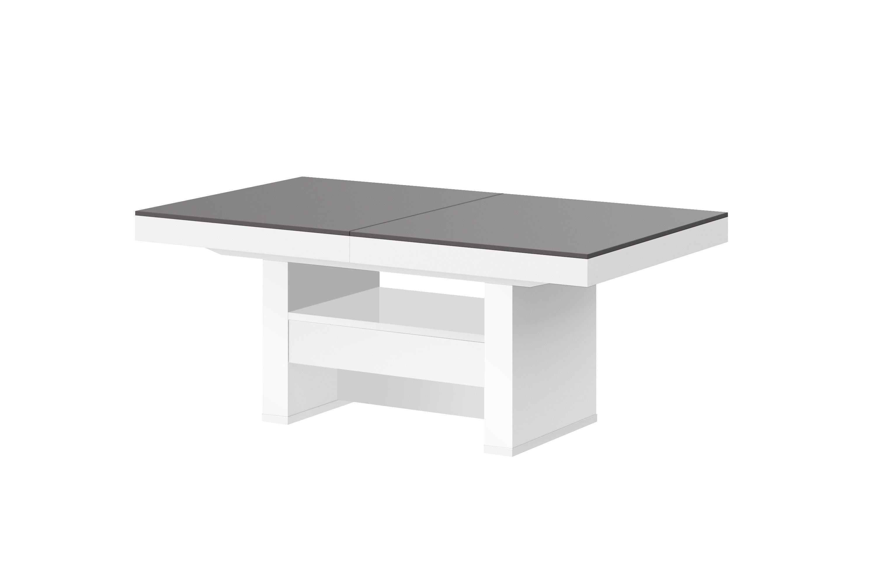 designimpex Couchtisch HLU-111 Grau Weiß Hochglanz Schublade höhenverstellbar ausziehbar, Funktionstisch, Wohnzimmertisch, Tisch, Esstisch, Sofatisch, Schublade